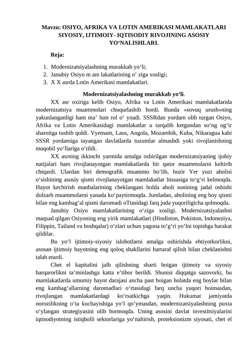OSIYO, AFRIKA VA LOTIN AMERIKASI MAMLAKATLARI SIYOSIY, IJTIMOIY- IQTISODIY RIVOJINING ASOSIY YO‘NALISHLARI 1