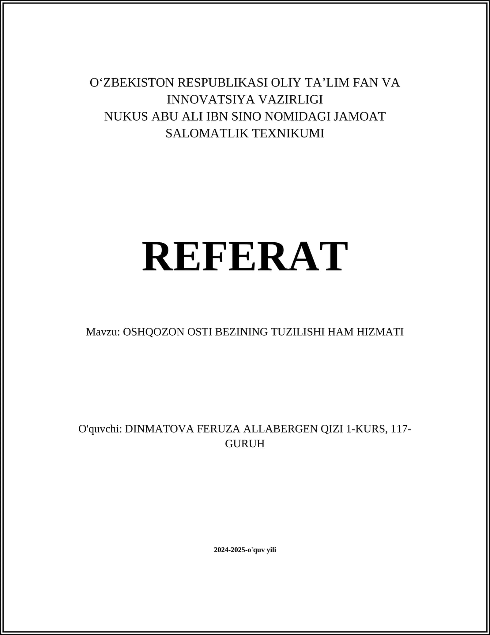 OSHQOZON OSTI BEZINING TUZILISHI HAM HIZMATI 1