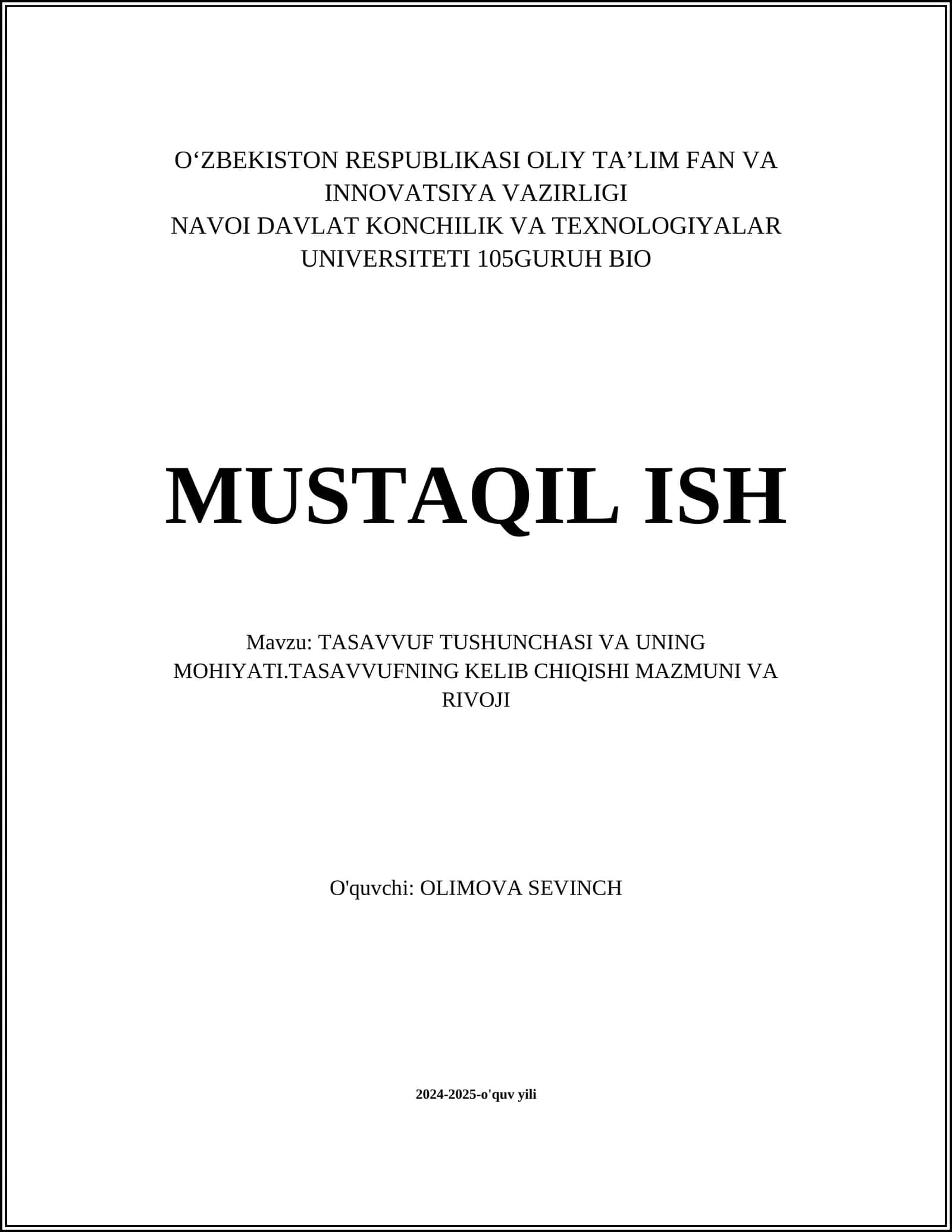 TASAVVUF TUSHUNCHASI VA UNING MOHIYATI.TASAVVUFNING KELIB CHIQISHI MAZMUNI VA RIVOJI 1