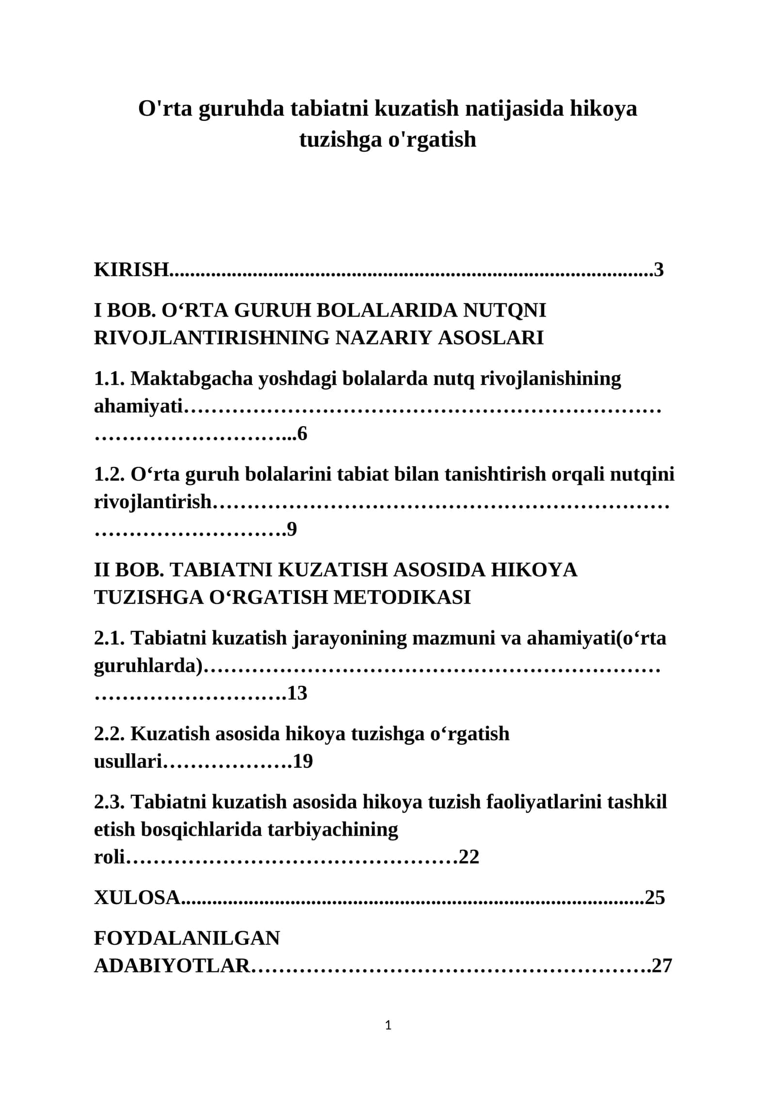 O'rta guruhda tabiatni kuzatish natijasida hikoya tuzishga o'rgatish 1