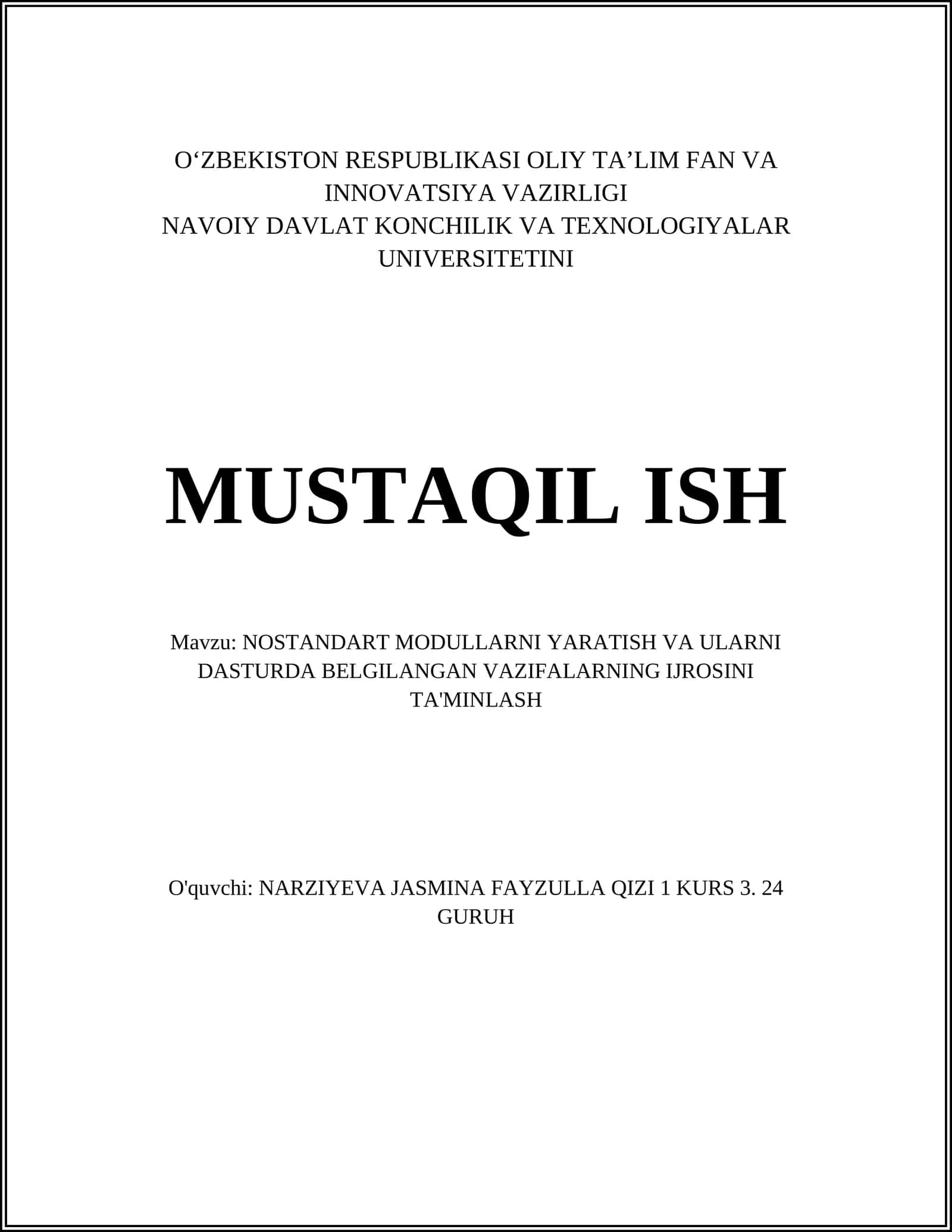 NOSTANDART MODULLARNI YARATISH VA ULARNI DASTURDA BELGILANGAN VAZIFALARNING IJROSINI TA'MINLASH 1