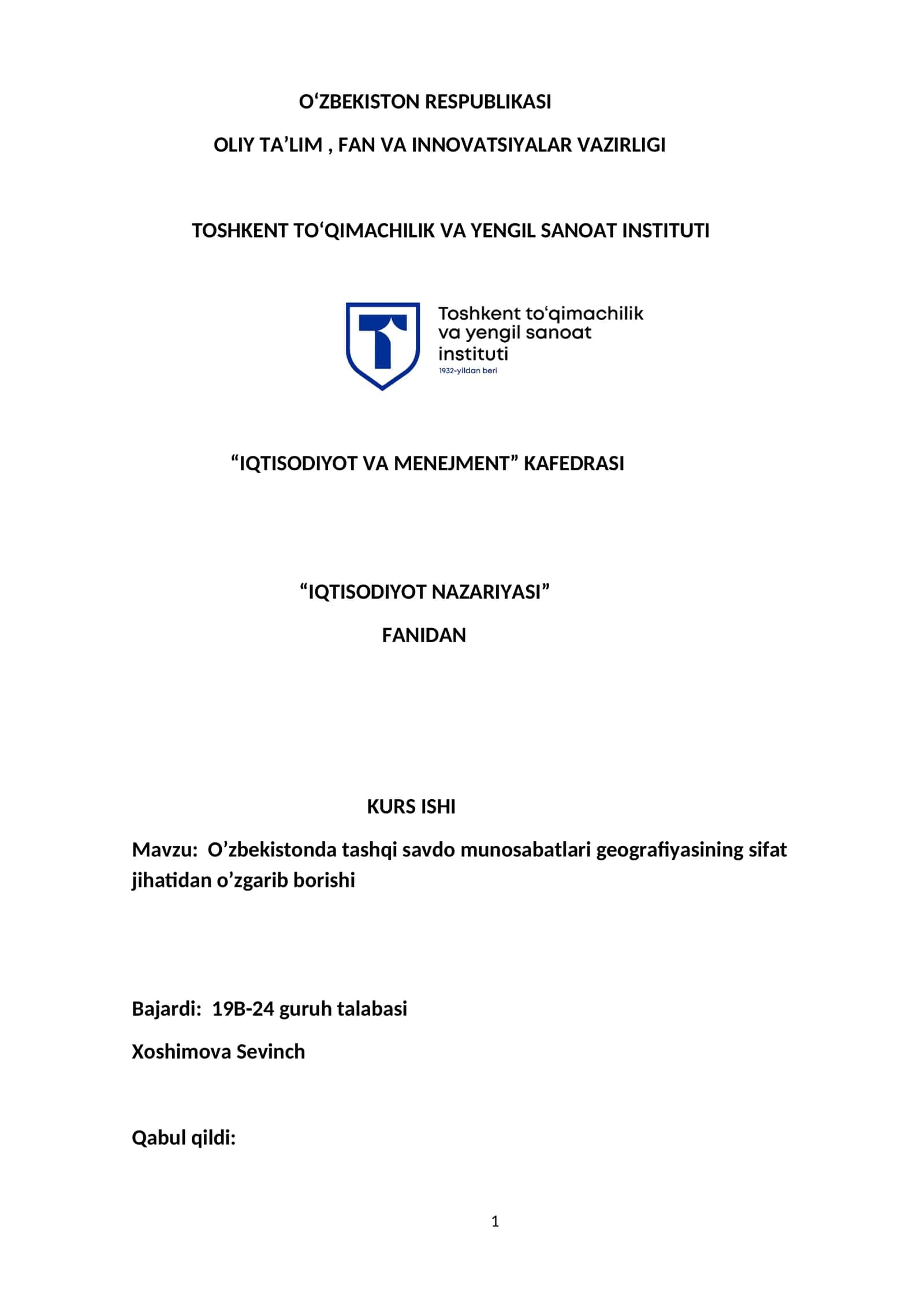 O’zbekistonda tashqi savdo munosabatlari geografiyasining sifat jihatidan o’zgarib borishi 1