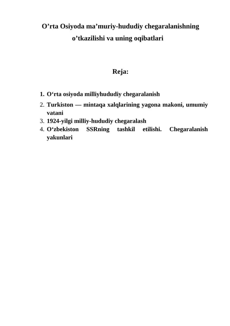 O’rta Osiyoda ma’muriy-hududiy chegaralanishning o’tkazilishi va uning oqibatlari 1