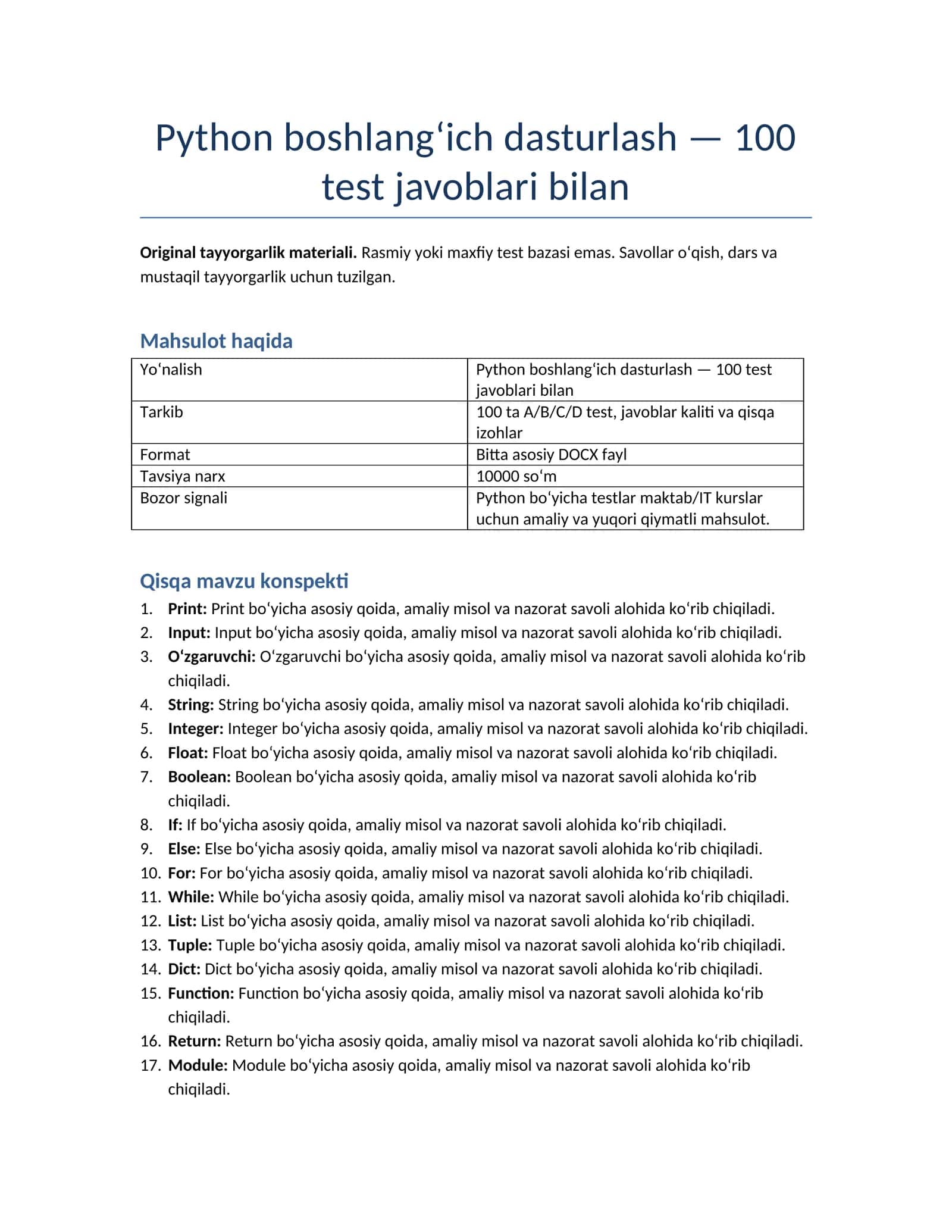 Python boshlang‘ich dasturlash — 100 test javoblari bilan 1