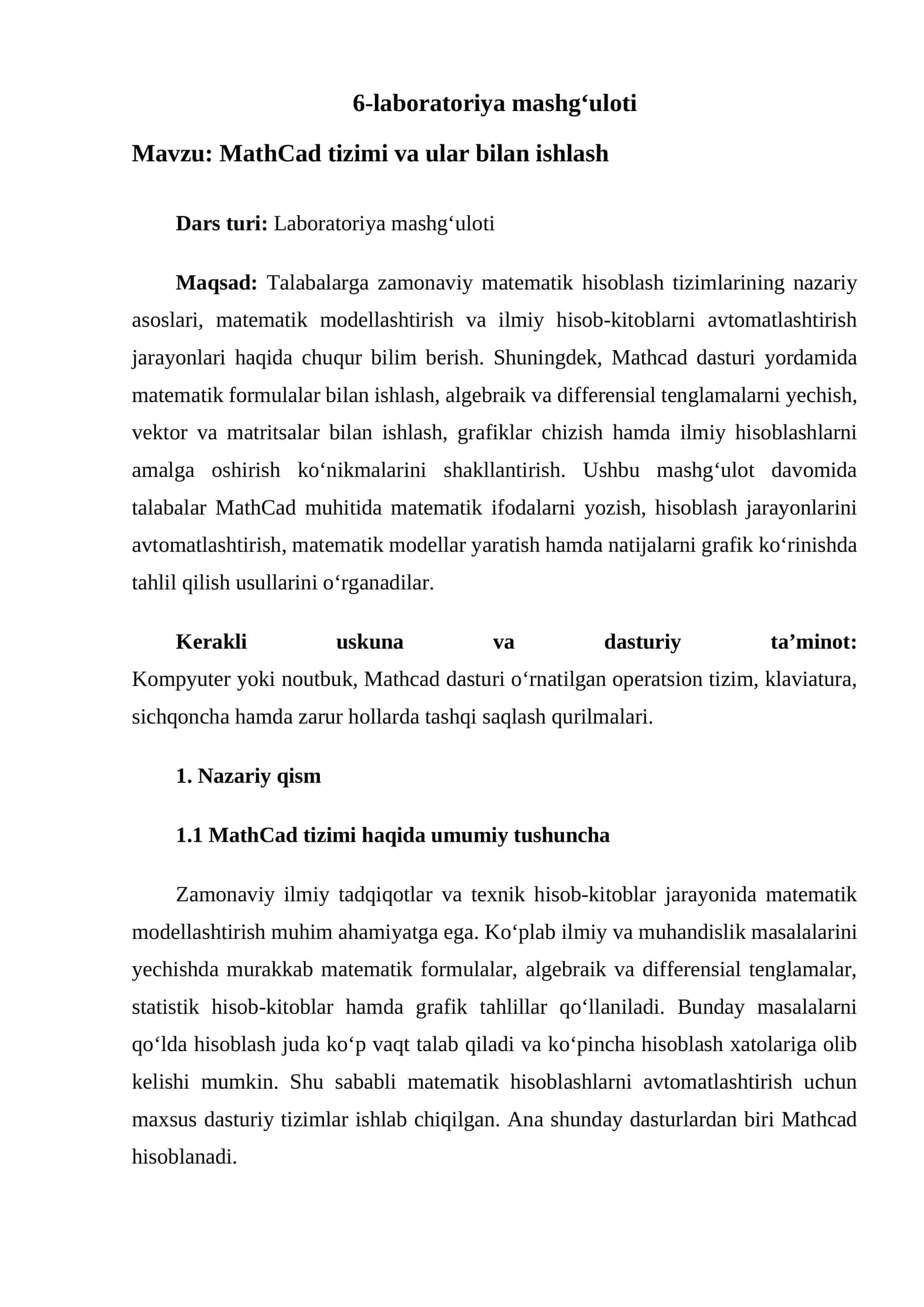 MathCad tizimi va ular bilan ishlash 1