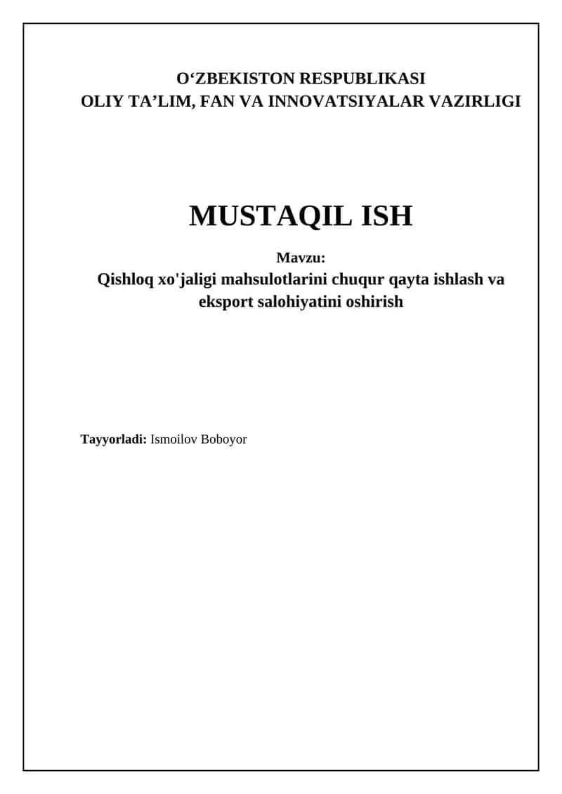 Qishloq xo'jaligi mahsulotlarini chuqur qayta ishlash va eksport salohiyatini oshirish 1