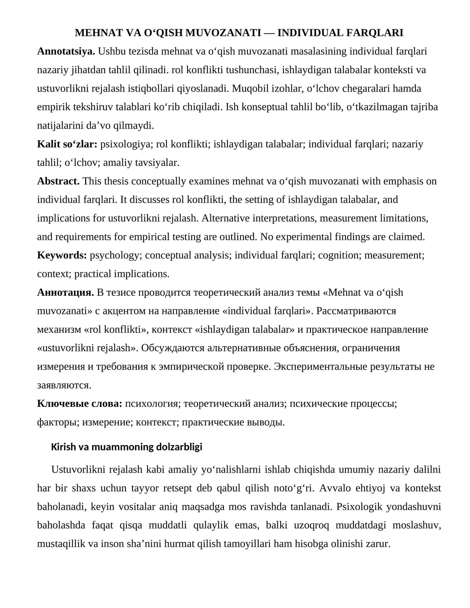 MEHNAT VA O‘QISH MUVOZANATI — INDIVIDUAL FARQLARI 1