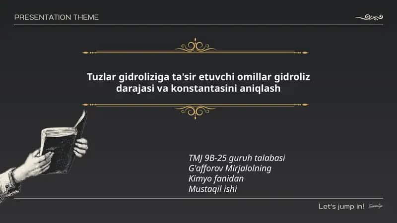 Tuzlar gidroliziga ta'sir etuvchi omillar gidroliz darajasi va konstantasini aniqlash 1