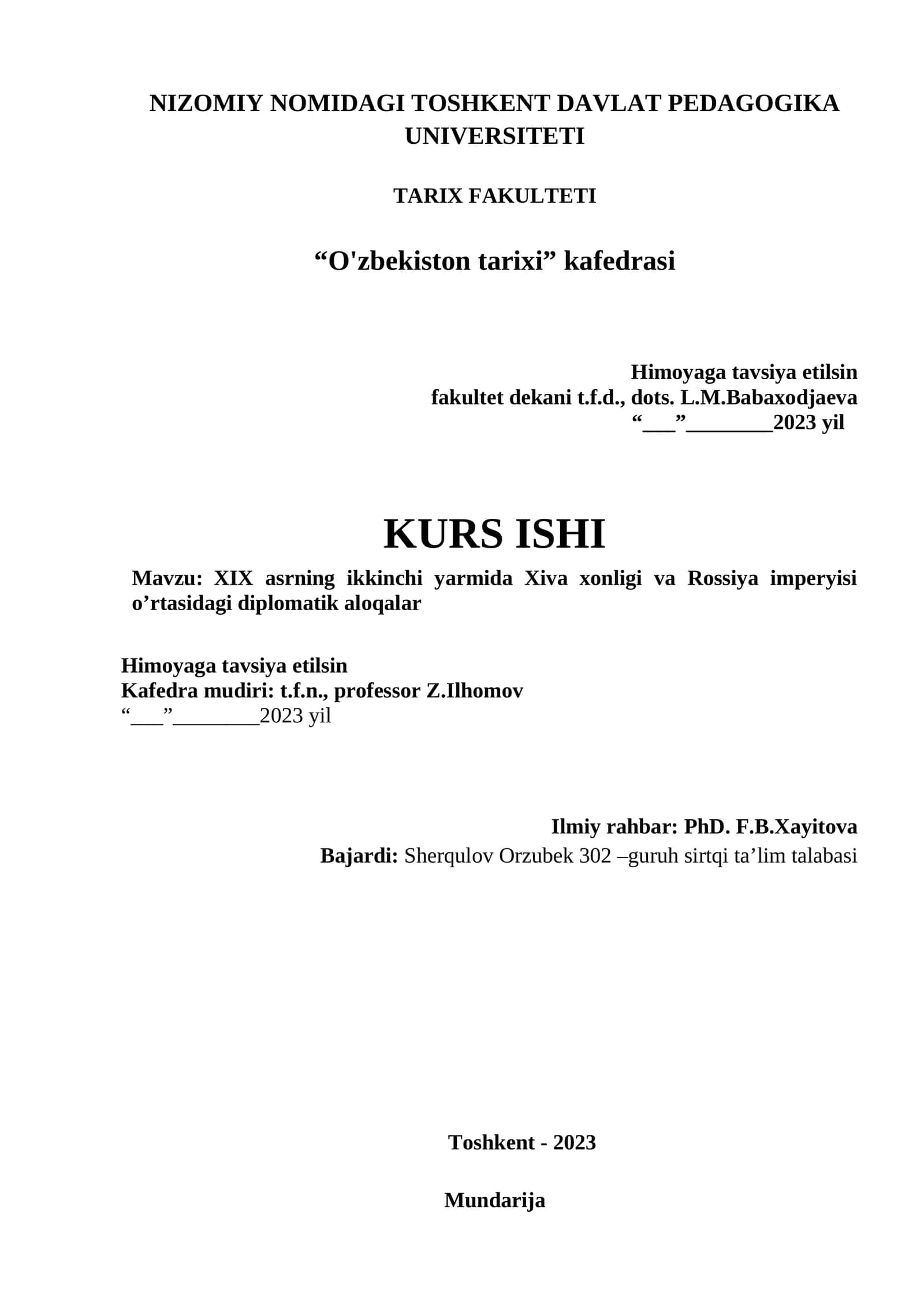 XIX asrning ikkinchi yarmida Xiva xonligi va Rossiya imperyisi o’rtasidagi diplomatik aloqalar 1