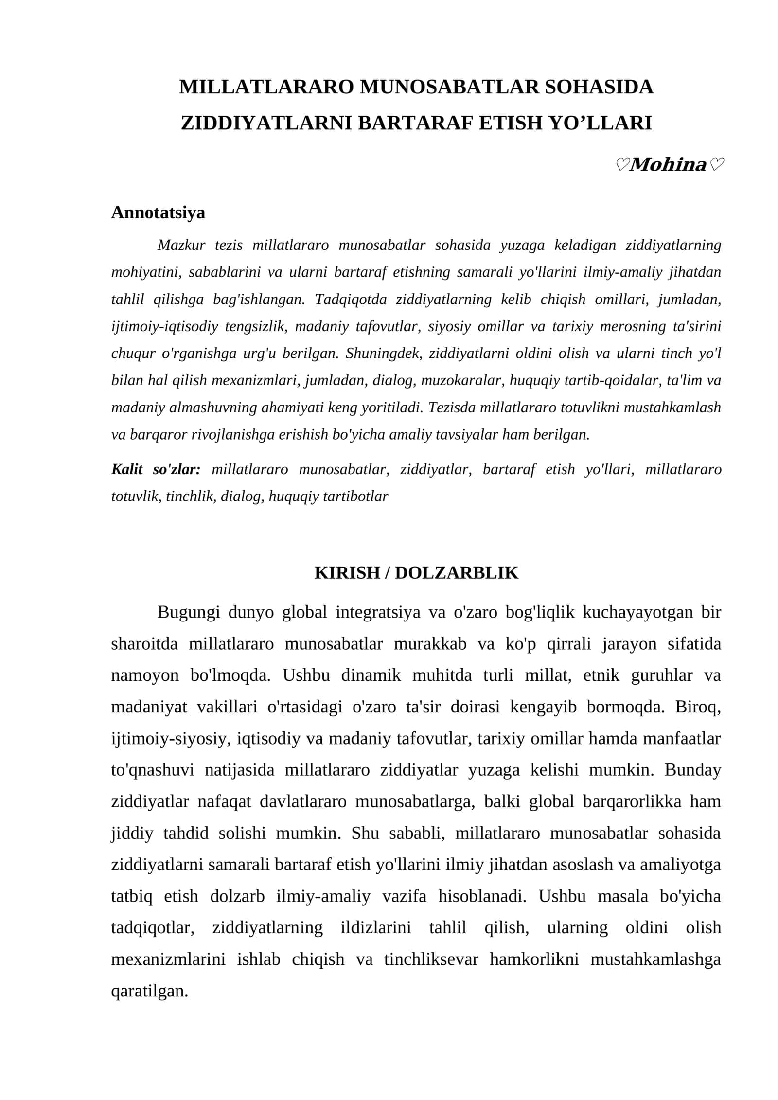 MILLATLARARO MUNOSABATLAR SOHASIDA ZIDDIYATLARNI BARTARAF ETISH YOʼLLARI 1