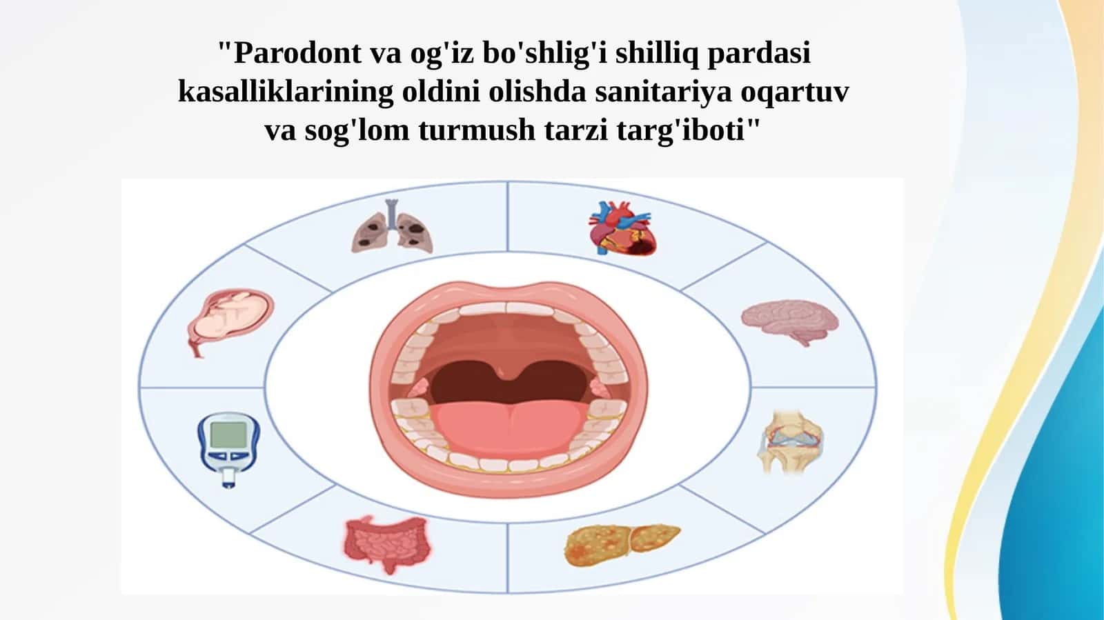 Parodont va og'iz bo'shlig'i shilliq pardasi kasalliklarining oldini olishda sanitariya oqartuv va sog'lom turmush tarzi targ'ibot ishlarini olib borishning shakllari 1