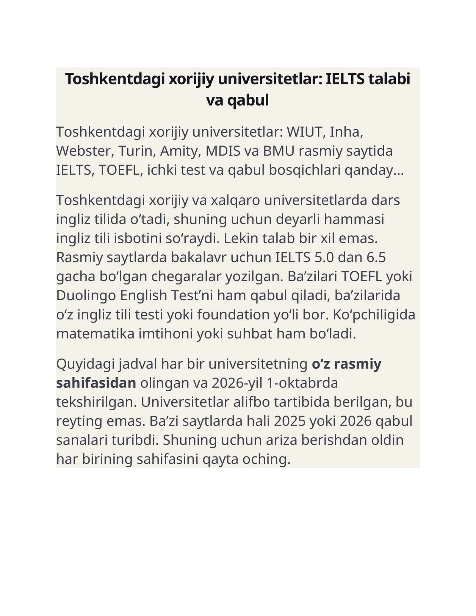Toshkentdagi xorijiy universitetlar: IELTS talabi va qabul 1
