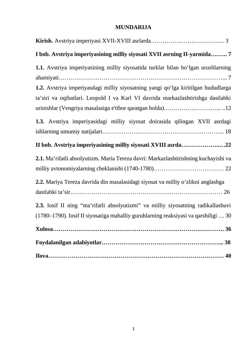 Kurs ishi. Avstriya imperiyasida milliy siyosat(XVII asr 2-yarmi XVIII asr) 1