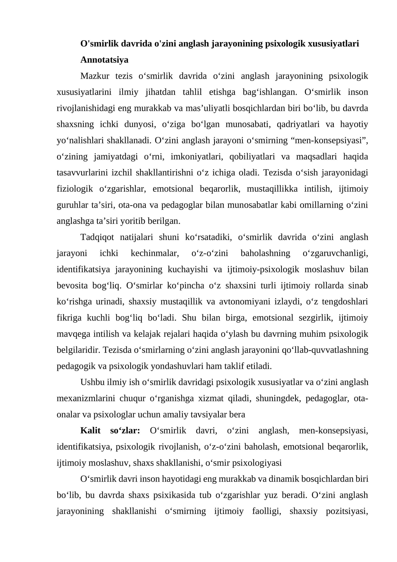 O'smirlik davrida o'zini anglash jarayonining psixologik xususiyatlari 1