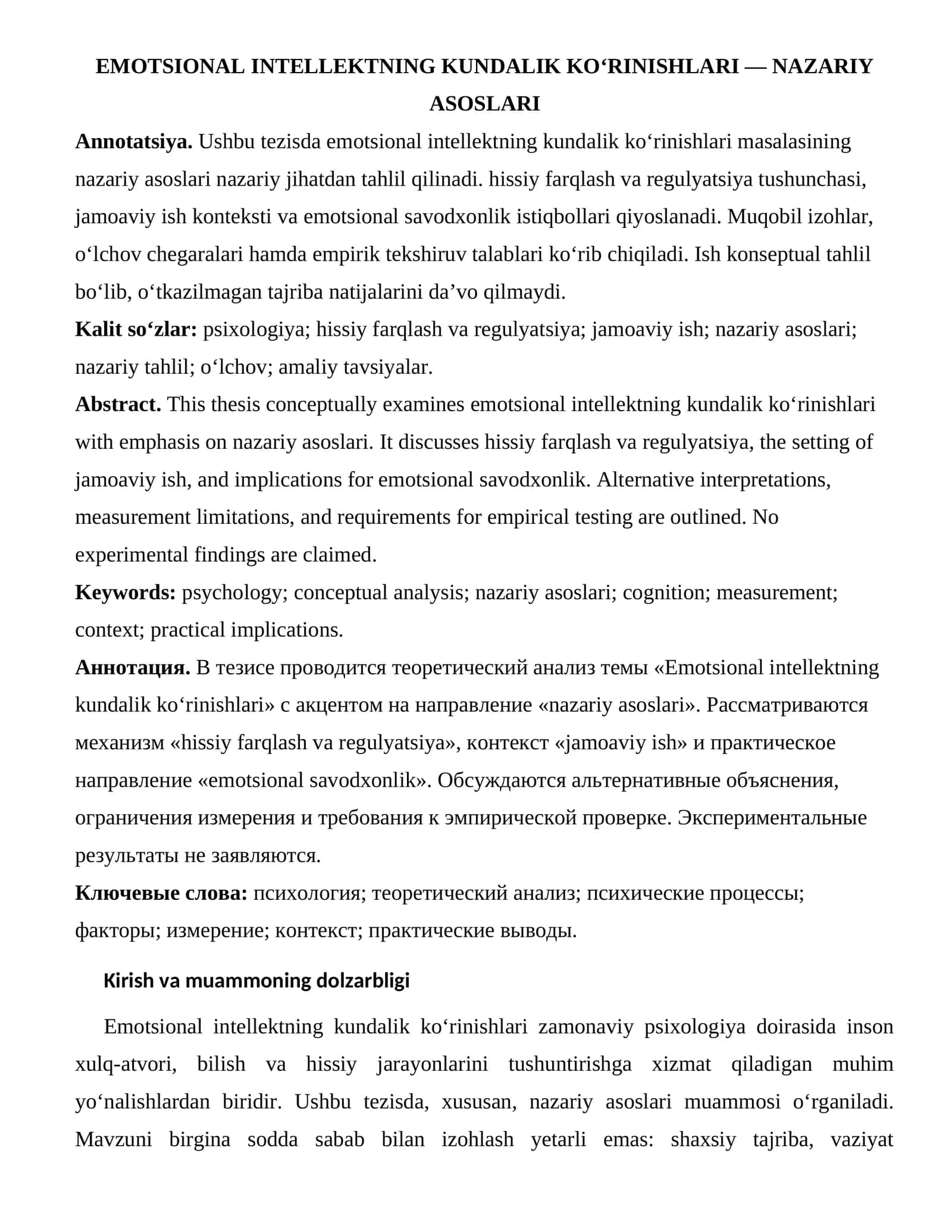 EMOTSIONAL INTELLEKTNING KUNDALIK KO‘RINISHLARI — NAZARIY ASOSLARI 1