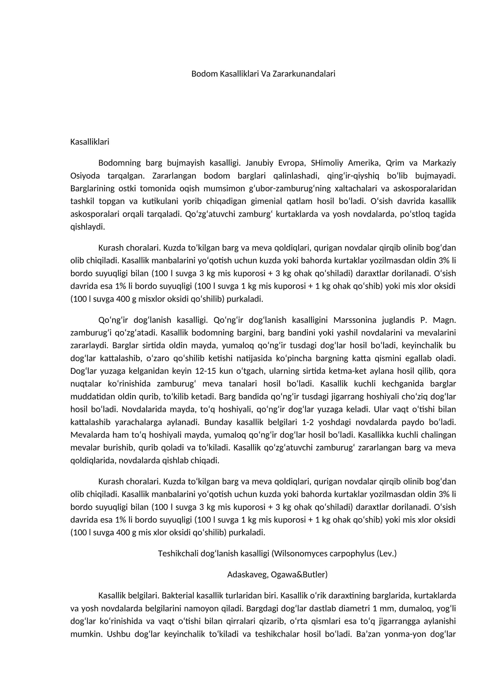 Bodom Kasalliklari Va Zararkunandalari 1