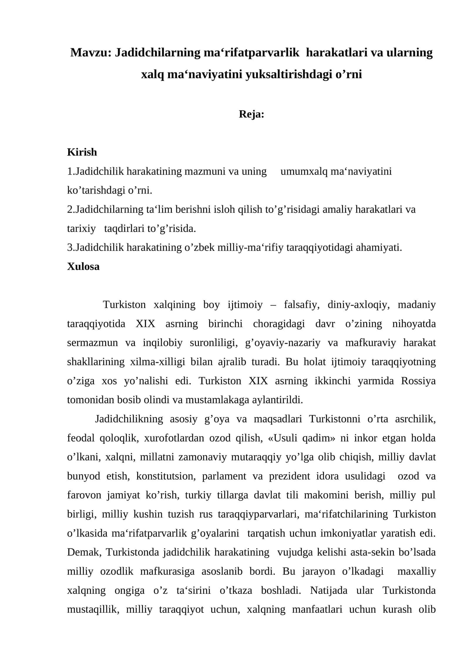 Jadidchilarning ma‘rifatparvarlik harakatlari va ularning xalq ma‘naviyatini yuksaltirishdagi o’rni 1
