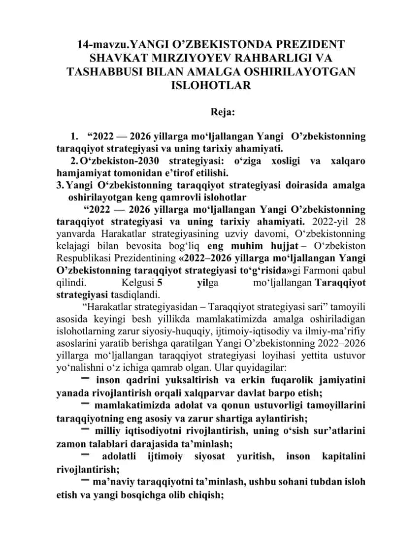 Yangi O’zbekistonda Prezident Shavkat Mirziyoyev Rahbarligi va Tashabbusi bilan amalga oshirilayotgan islohotlar 1