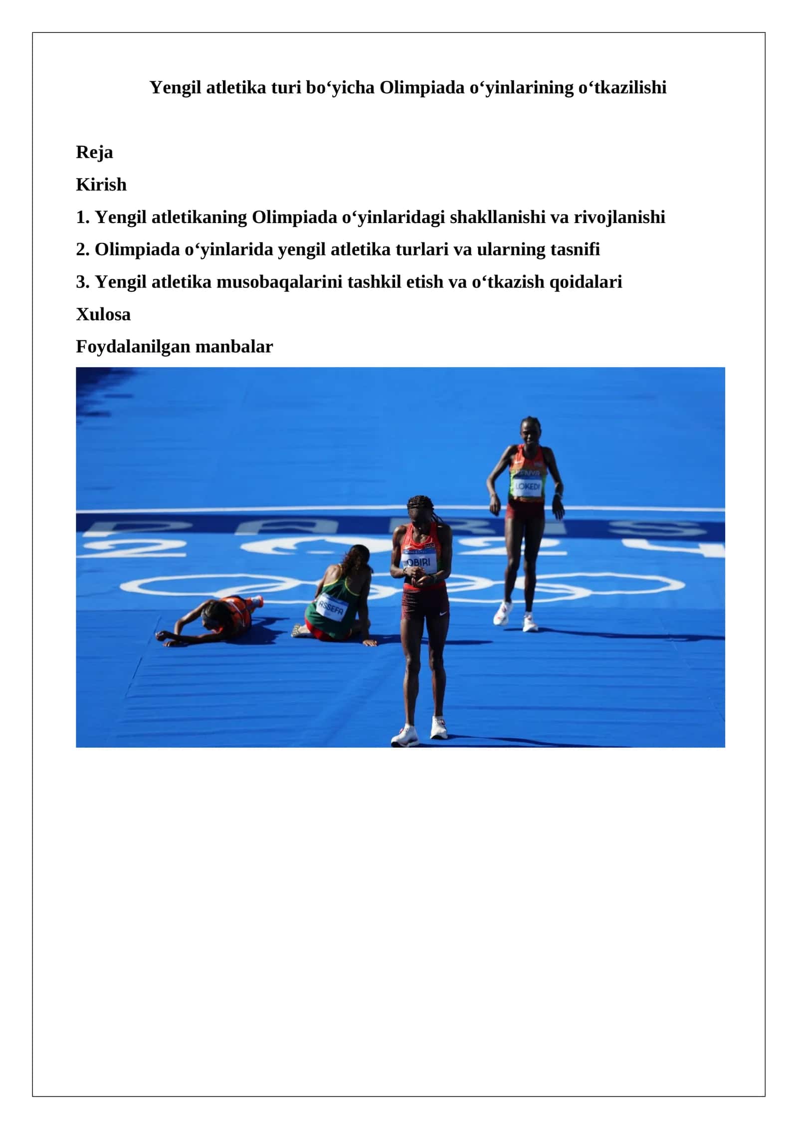 Yengil atletika turi bo‘yicha Olimpiada o‘yinlarining o‘tkazilishi 1