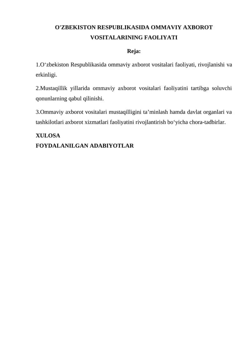O'ZBEKISTON RESPUBLIKASIDA OMMAVIY AXBOROT VOSITALARINING FAOLIYATI 1