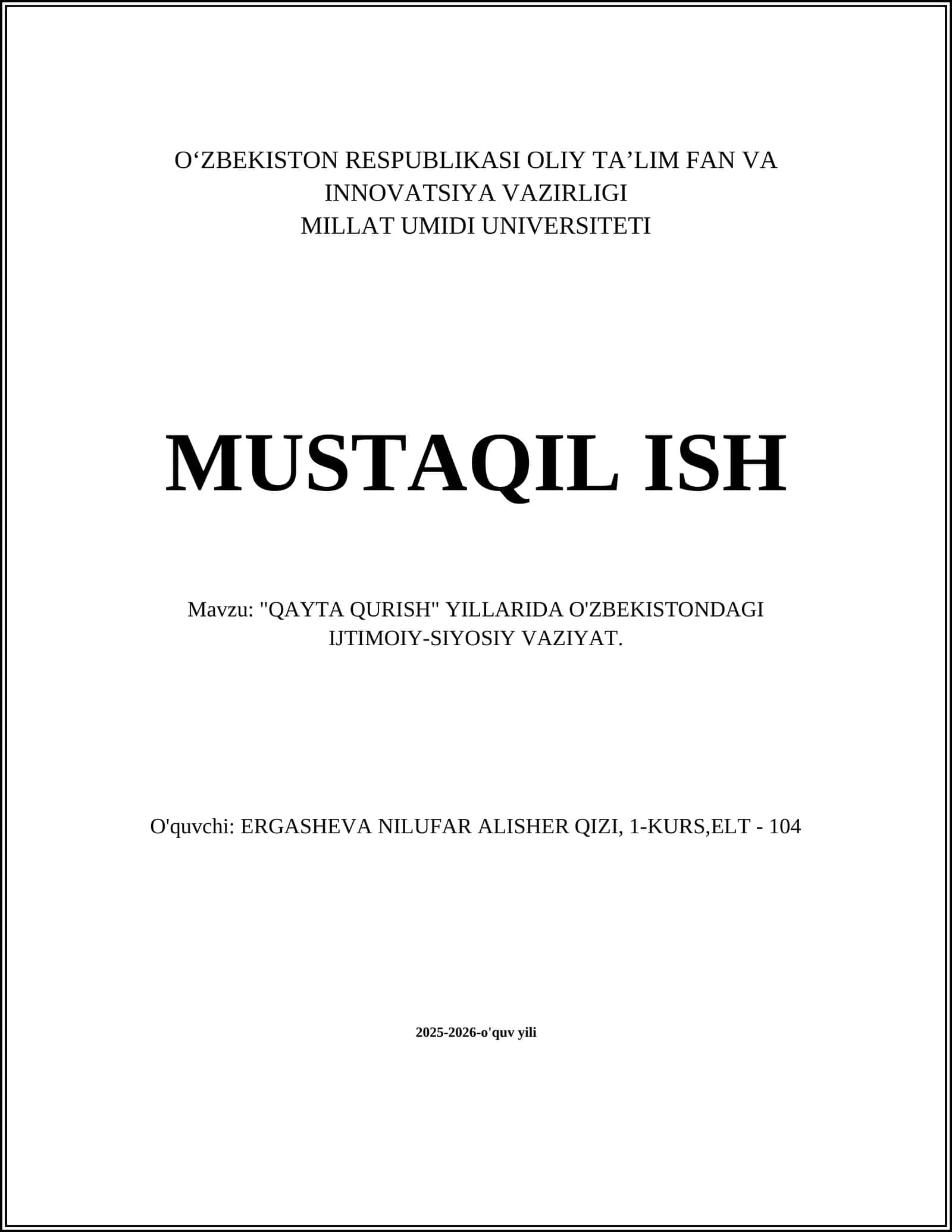 "QAYTA QURISH" YILLARIDA O'ZBEKISTONDAGI IJTIMOIY-SIYOSIY VAZIYAT 1