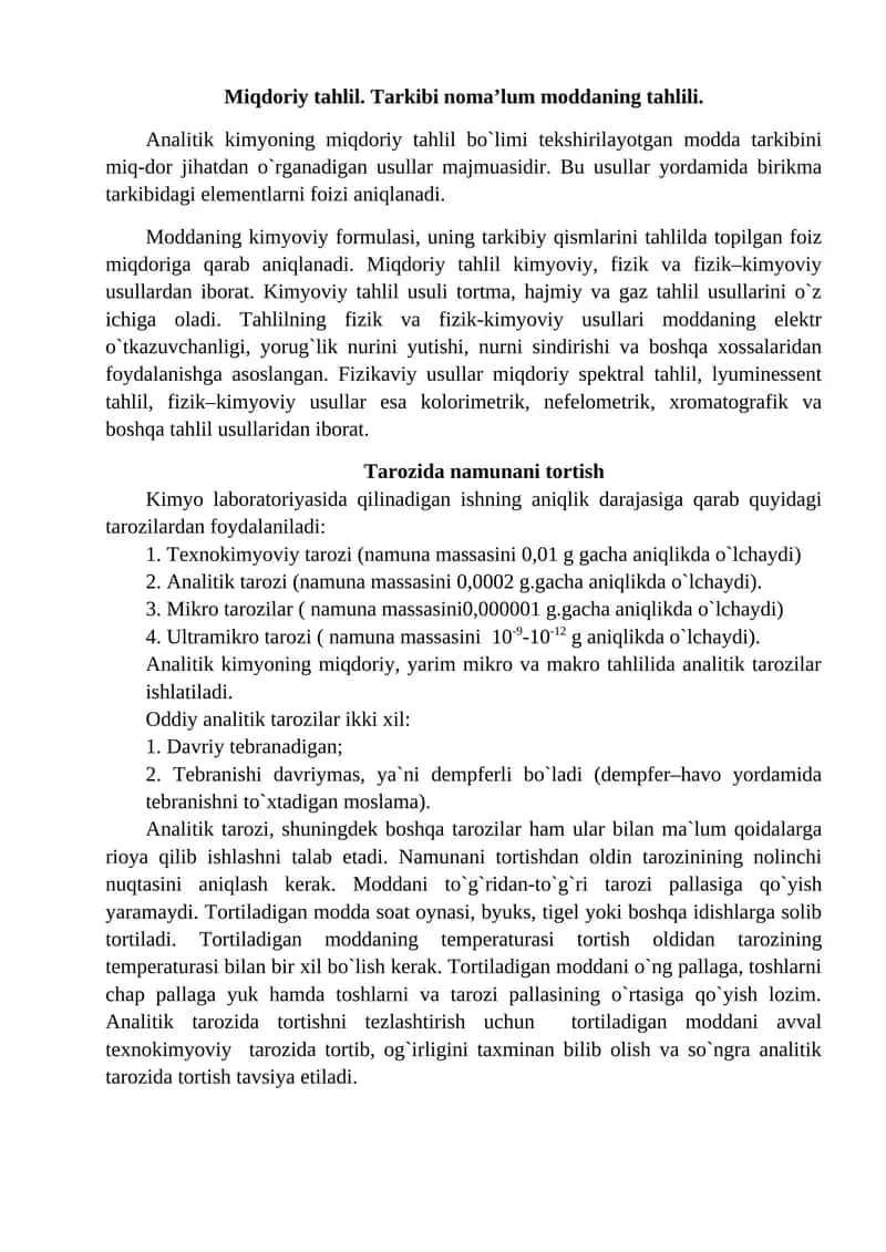 Analitik Kimyoning Miqdoriy Tahlil Bo`limi 1