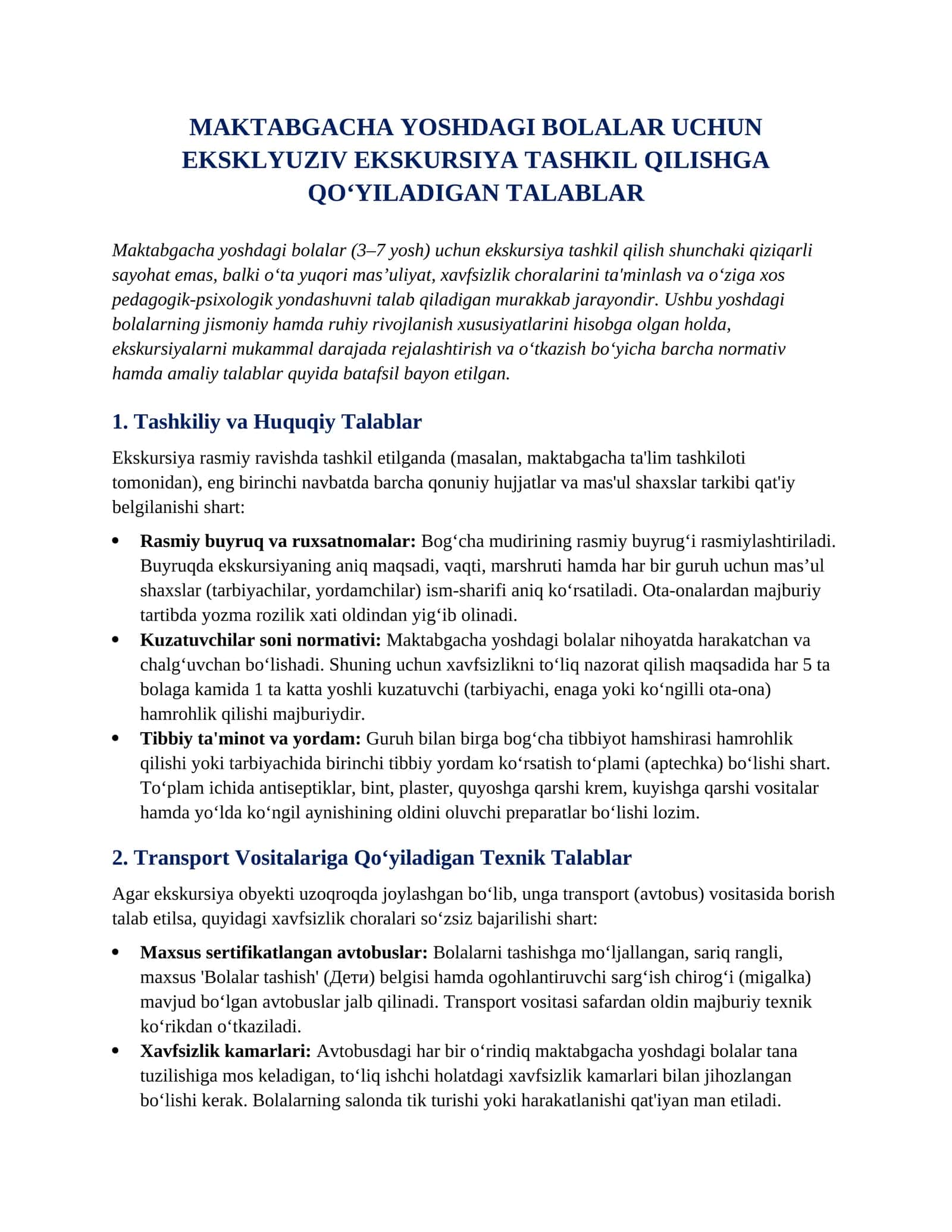 Eksklyuziv ekskursiya tashkil qilishga qoʻyiladigan talablar 1