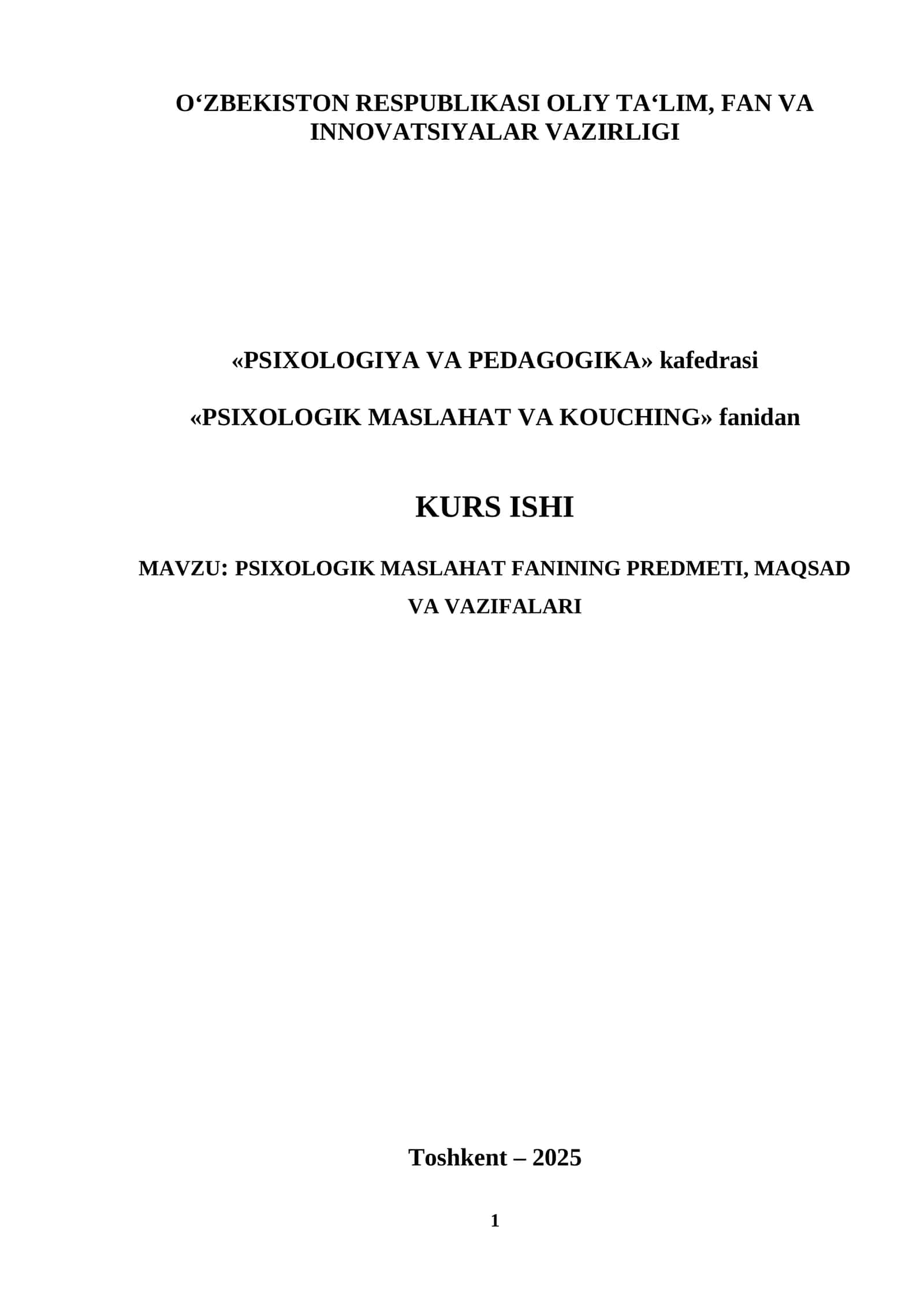 PSIXOLOGIK MASLAHAT FANINING PREDMETI, MAQSAD VA VAZIFALARI 1