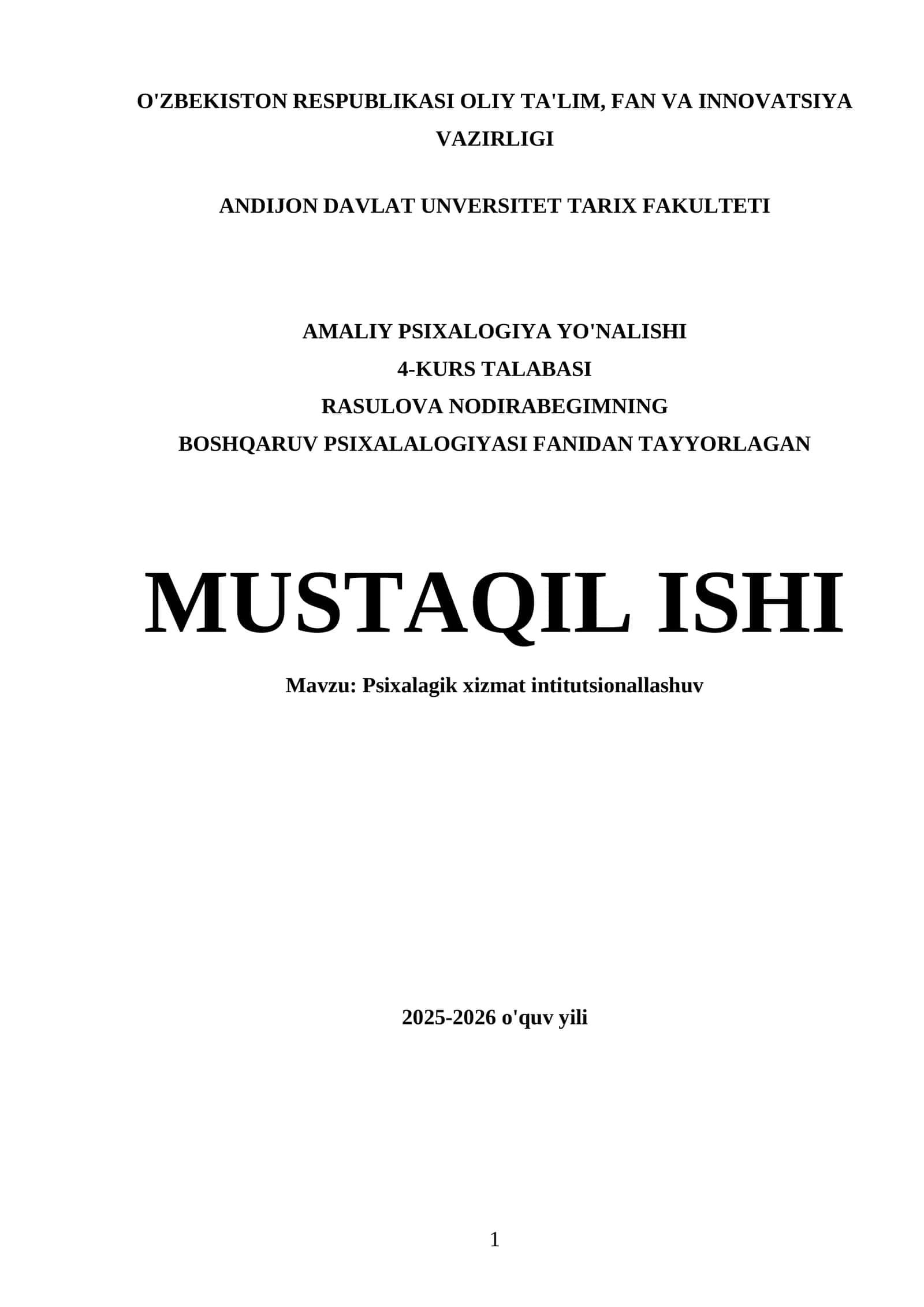 Rasulova Nodirabegimning boshqaruv psixalalogiyasi fanidan tayyorlagan mustaqil ishi 1