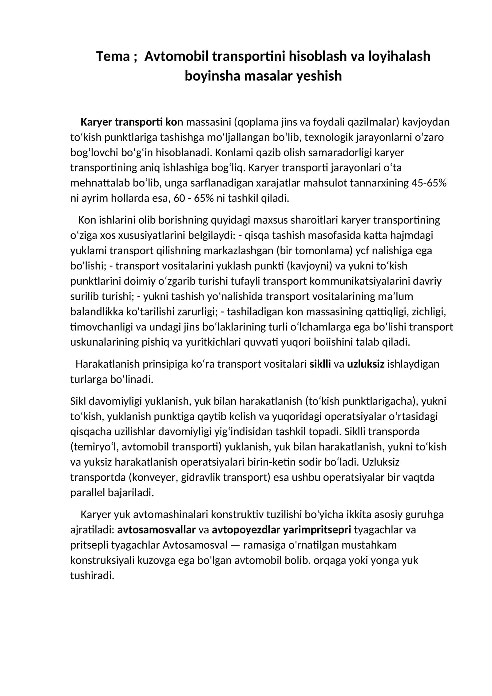Avtomobil transportini hisoblash va loyihalash boyinsha masalar yeshish 1