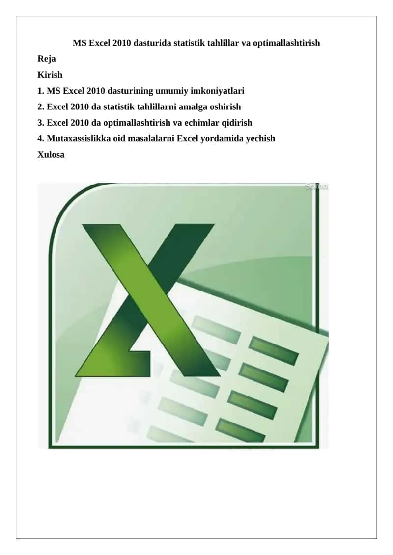 Microsoft Excel 2010 dasturida statistik tahlillar va optimallashtirish 1