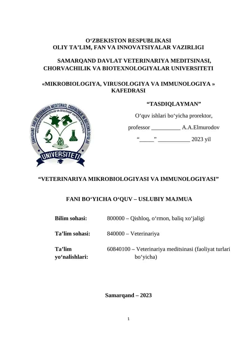 VETERINARIYA MIKROBIOLOGIYASI VA IMMUNOLOGIYASI 1