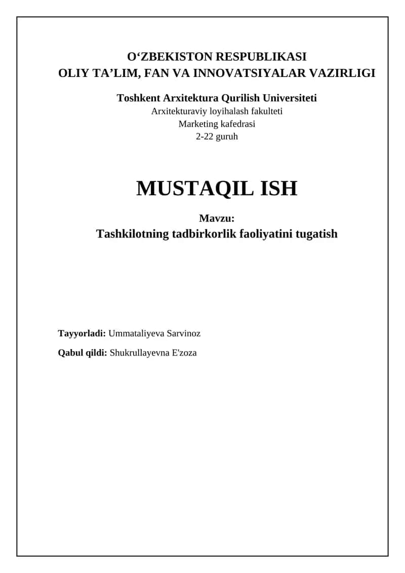 Tashkilotning tadbirkorlik faoliyatini tugatish 1