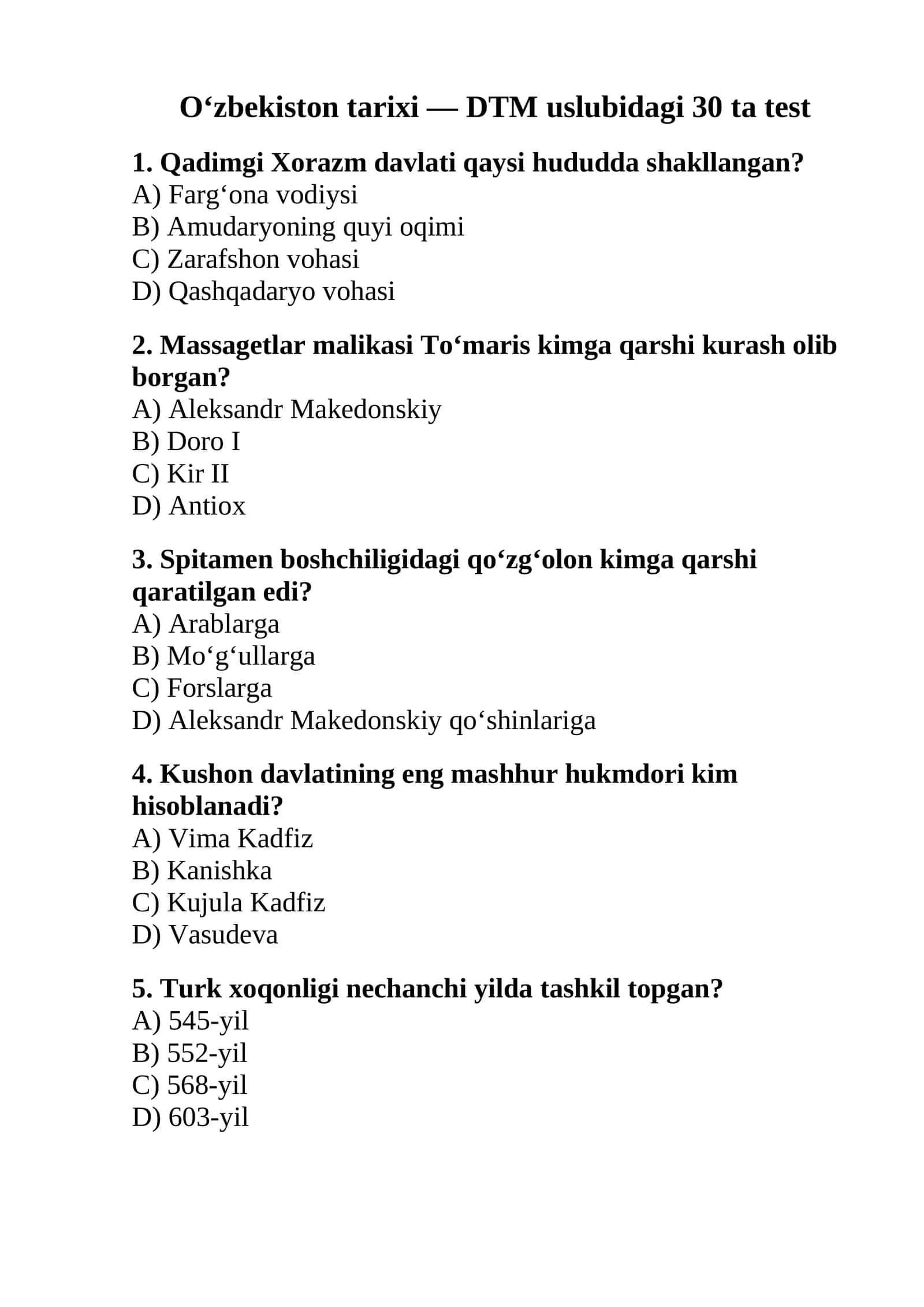 DTM uslubidagi O‘zbekiston tarixi 30 ta test 1