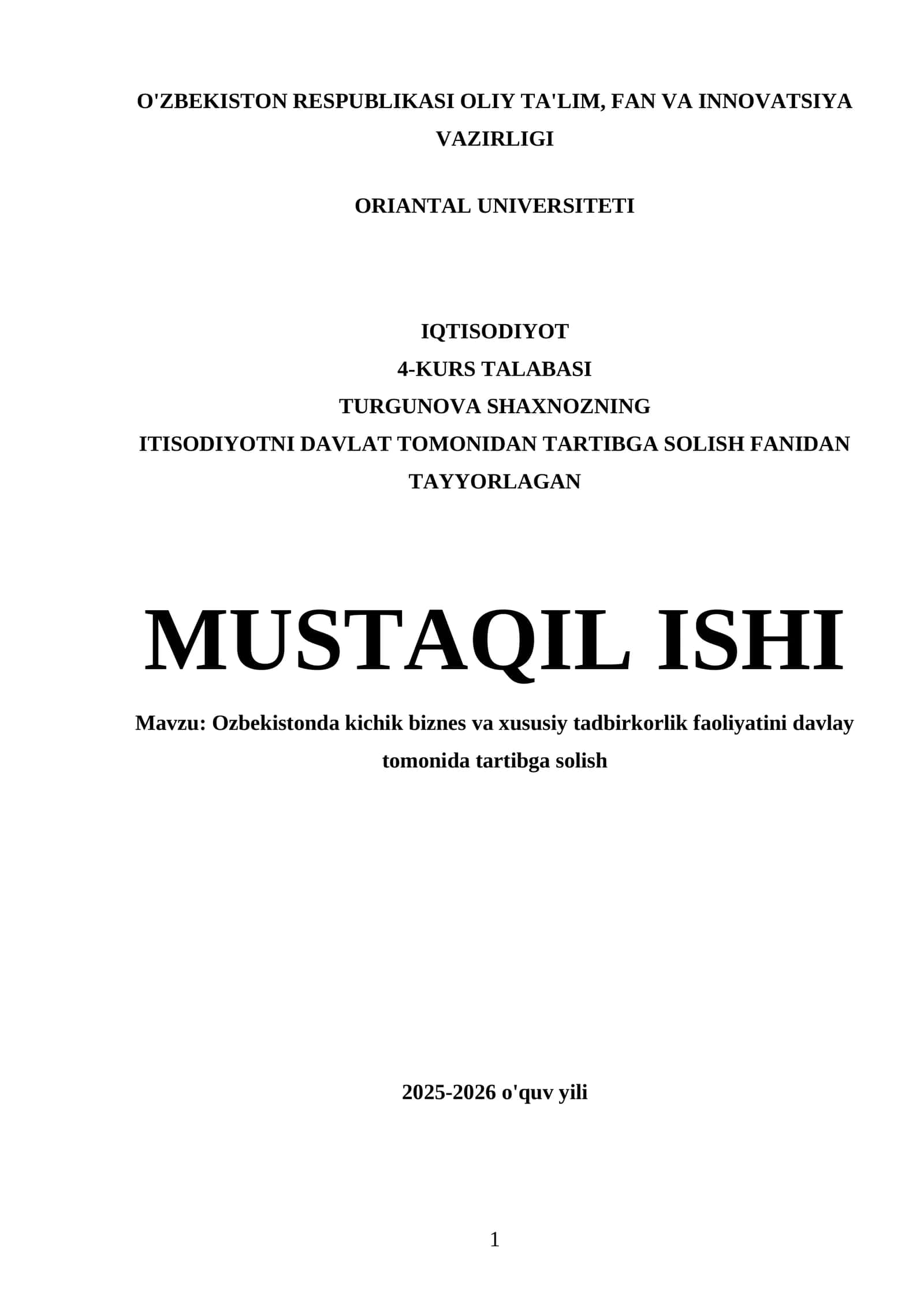Ozbekistonda kichik biznes va xususiy tadbirkorlik faoliyatini davlat tomonida tartibga solish 1