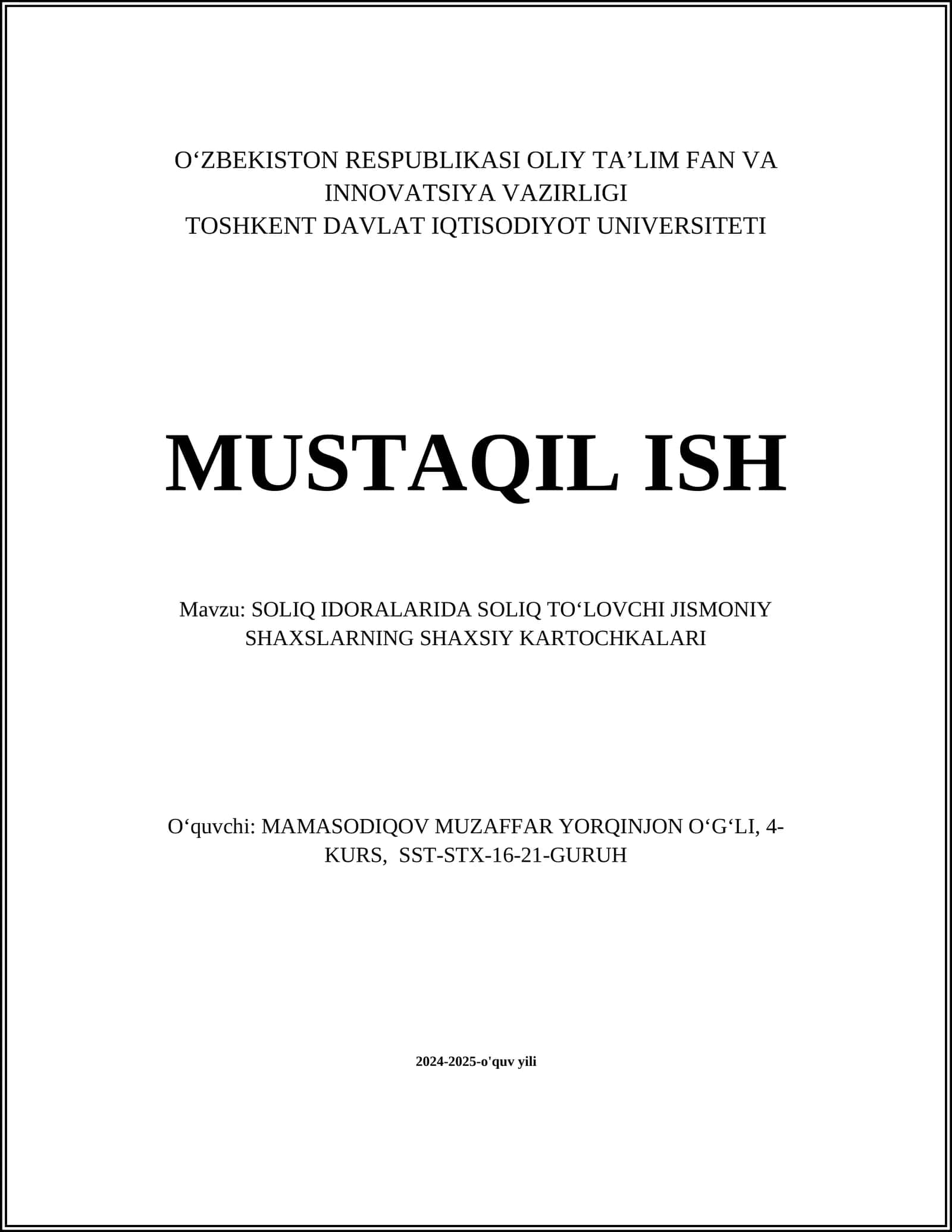 SOLIQ IDORALARIDA SOLIQ TO‘LOVCHI JISMONIY SHAXSLARNING SHAXSIY KARTOCHKALARI 1