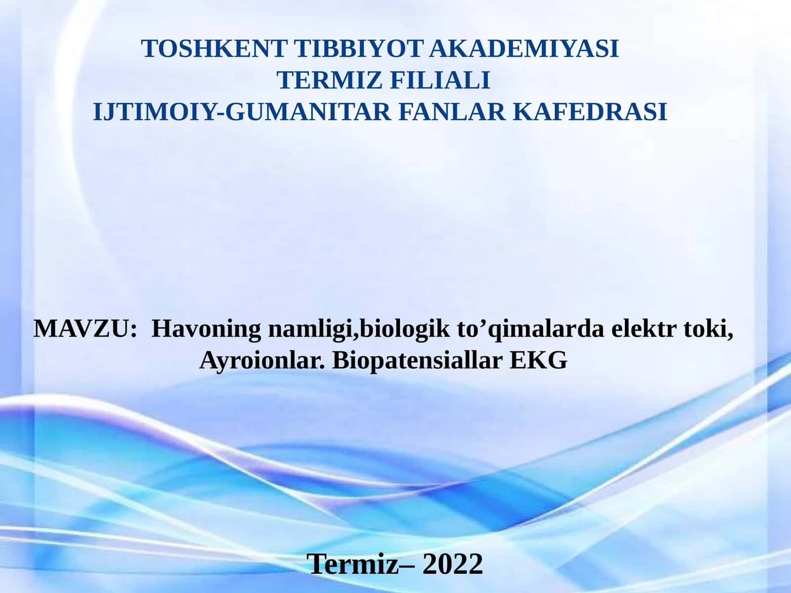 Havoningnamligi, biologik to'qimalar elektrtoki, Ayroionlar. Biopatensiallar EKG 1