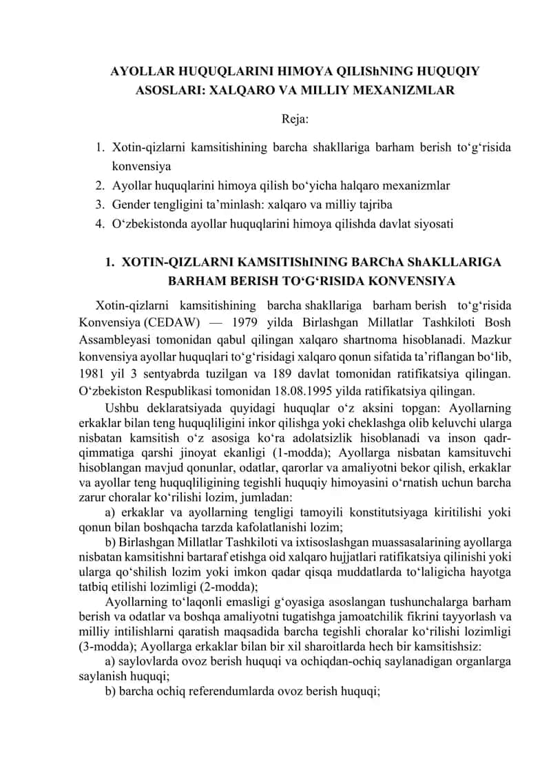 Xotin-qizlarni kamsitishining barxam shakllariga barham berish to‘g‘risida Konvensiya 1