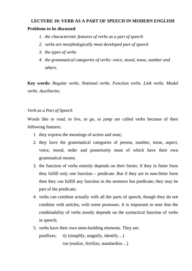 Lecture 10: Verb as a Part of Speech in Modern English 1