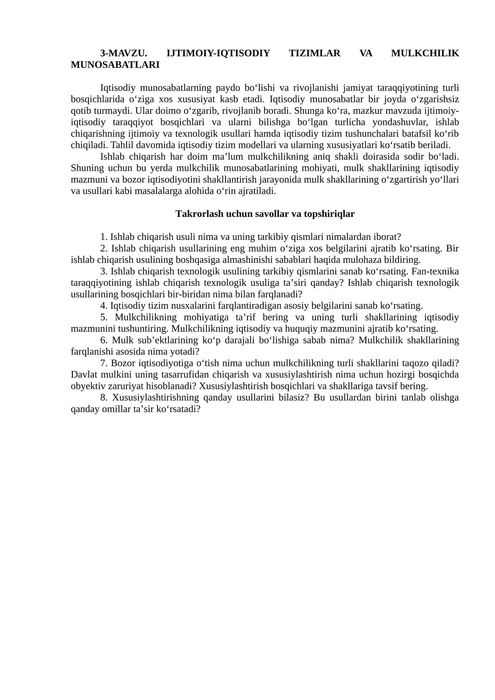 IJTIMOIY-IQTISODIY TIZIMLAR VA MULKCHILIK MUNOSABATLARI 1