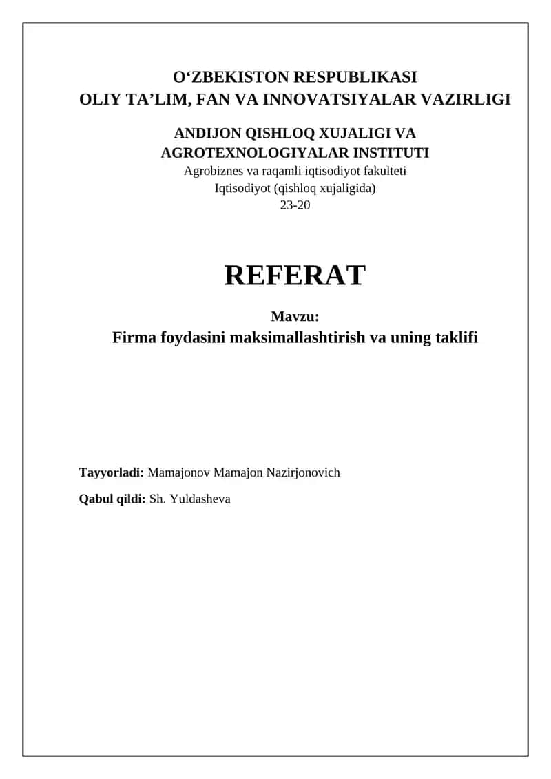 Firma foydasini maksimallashtirish va uning taklifi 1