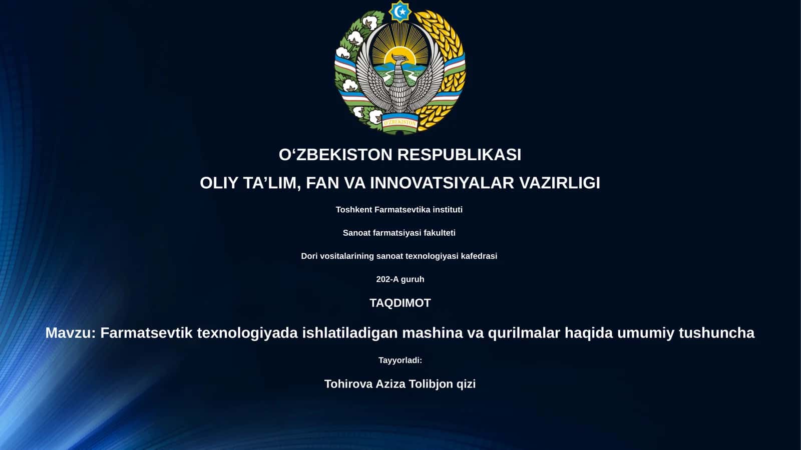 Farmatsevtik texnologiyada ishlatiladigan mashina va qurilmalar haqida umumiy tushuncha 1