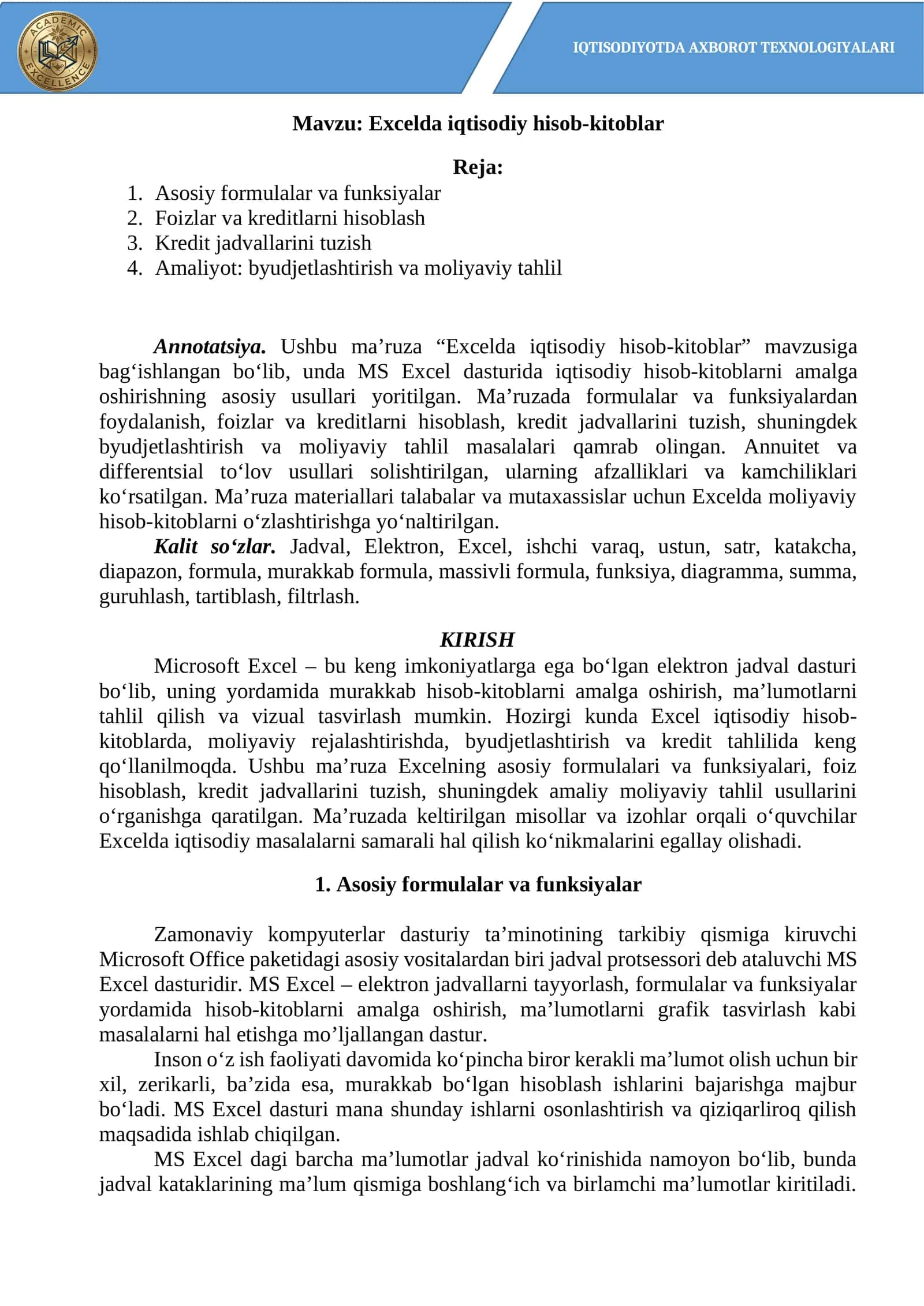 Excelda iqtisodiy hisob-kitoblar 1