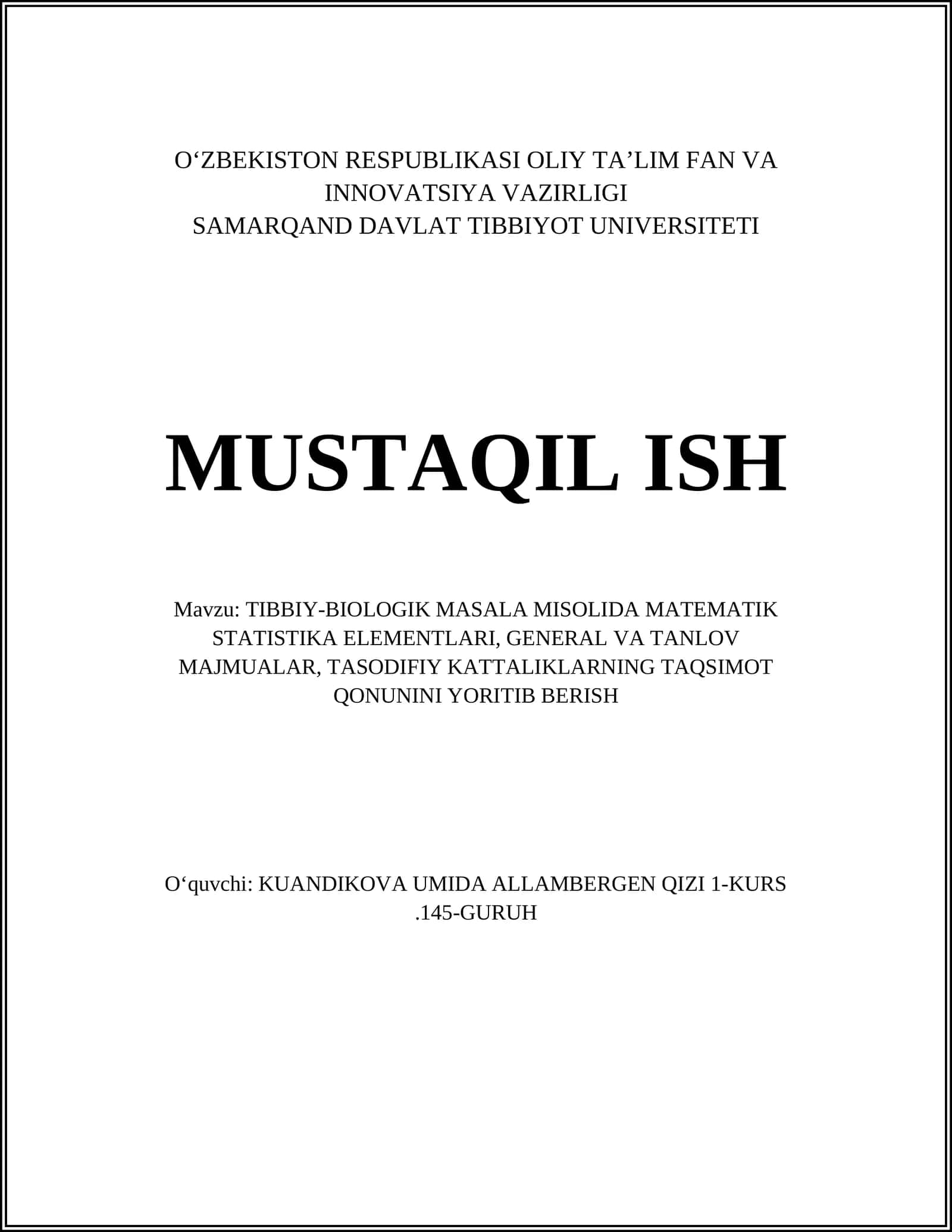 TIBBIY-BIOLOGIK MASALA MISOLIDA MATEMATIK STATISTIKA ELEMENTLARI 1