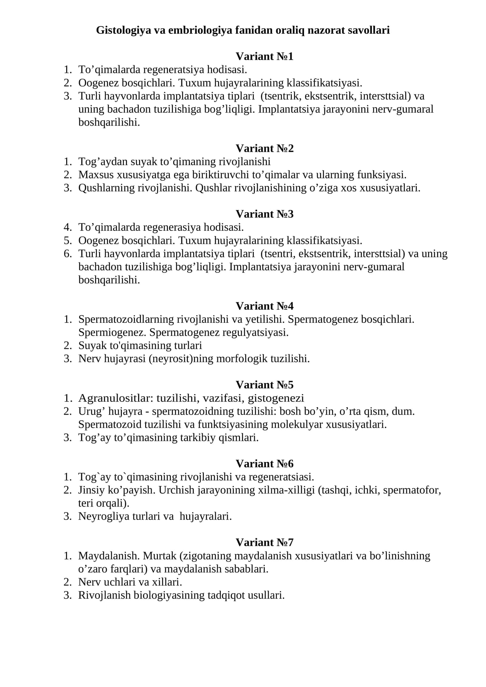 Gistologiya va embriologiya fanidan oraliq nazorat savollari 1