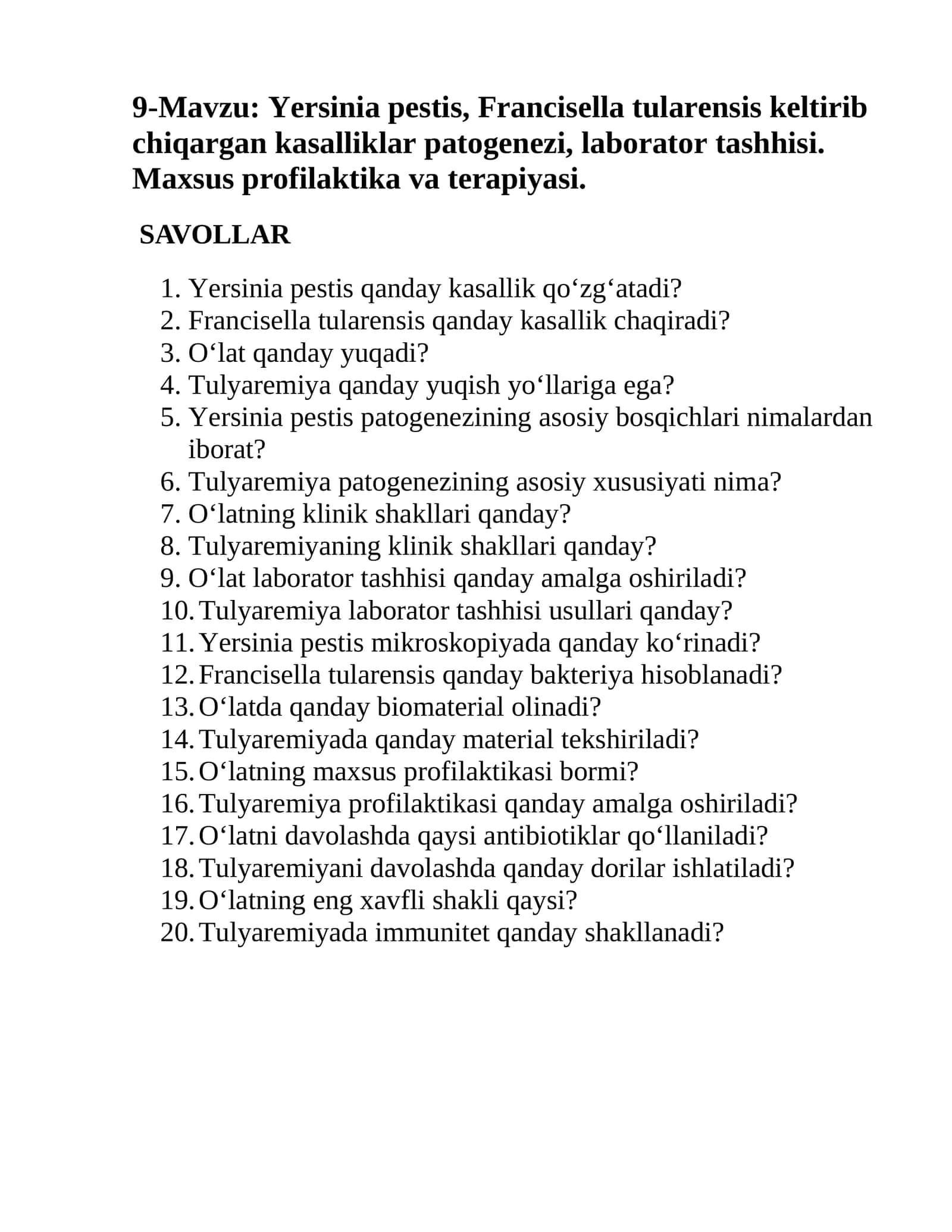 Yersinia pestis, Francisella tularensis keltirib chiqargan kasalliklar patogenezi, laborator tashhisi. Maxsus profilaktika va terapiyasi 1