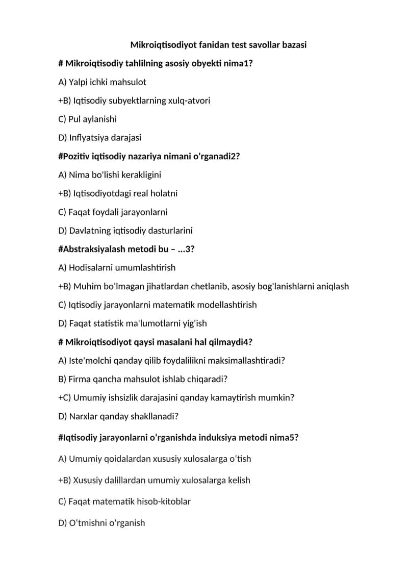 Mikroiqtisodiyot fanidan test savollar bazasi 1