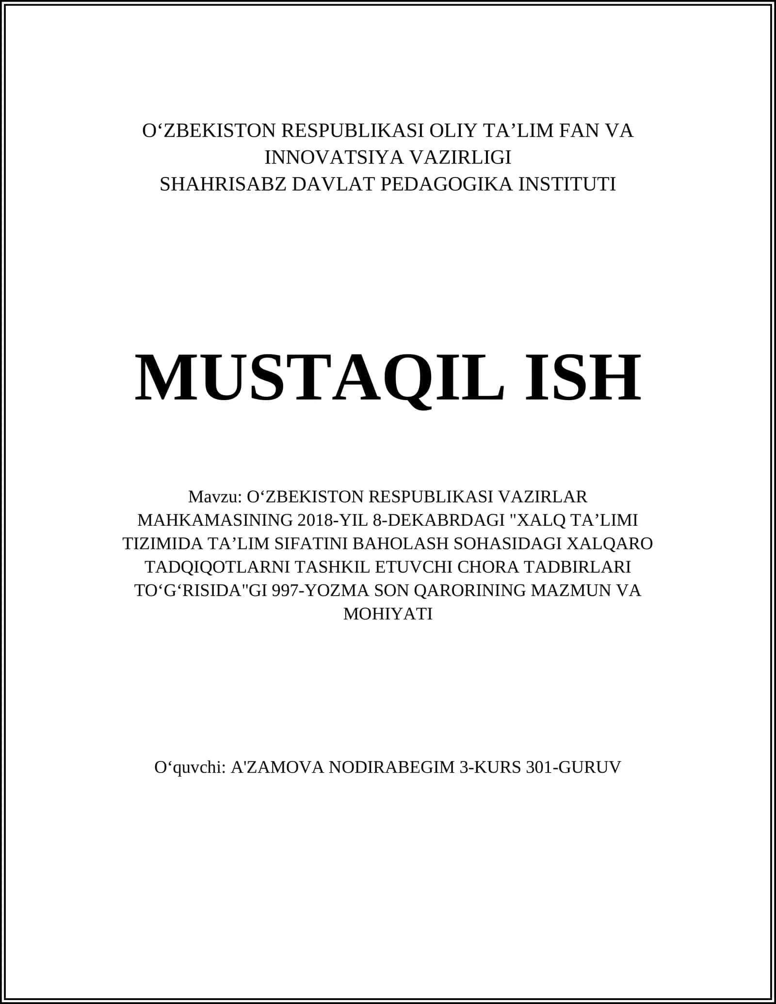 XALQ TAʼLIMI TIZIMIDA TAʼLIM SIFATINI BAHOLASH SOHASIDAGI XALQARO TADQIQOTLARNI TASHKIL ETUVCHI CHORA TADBIRLARI 1