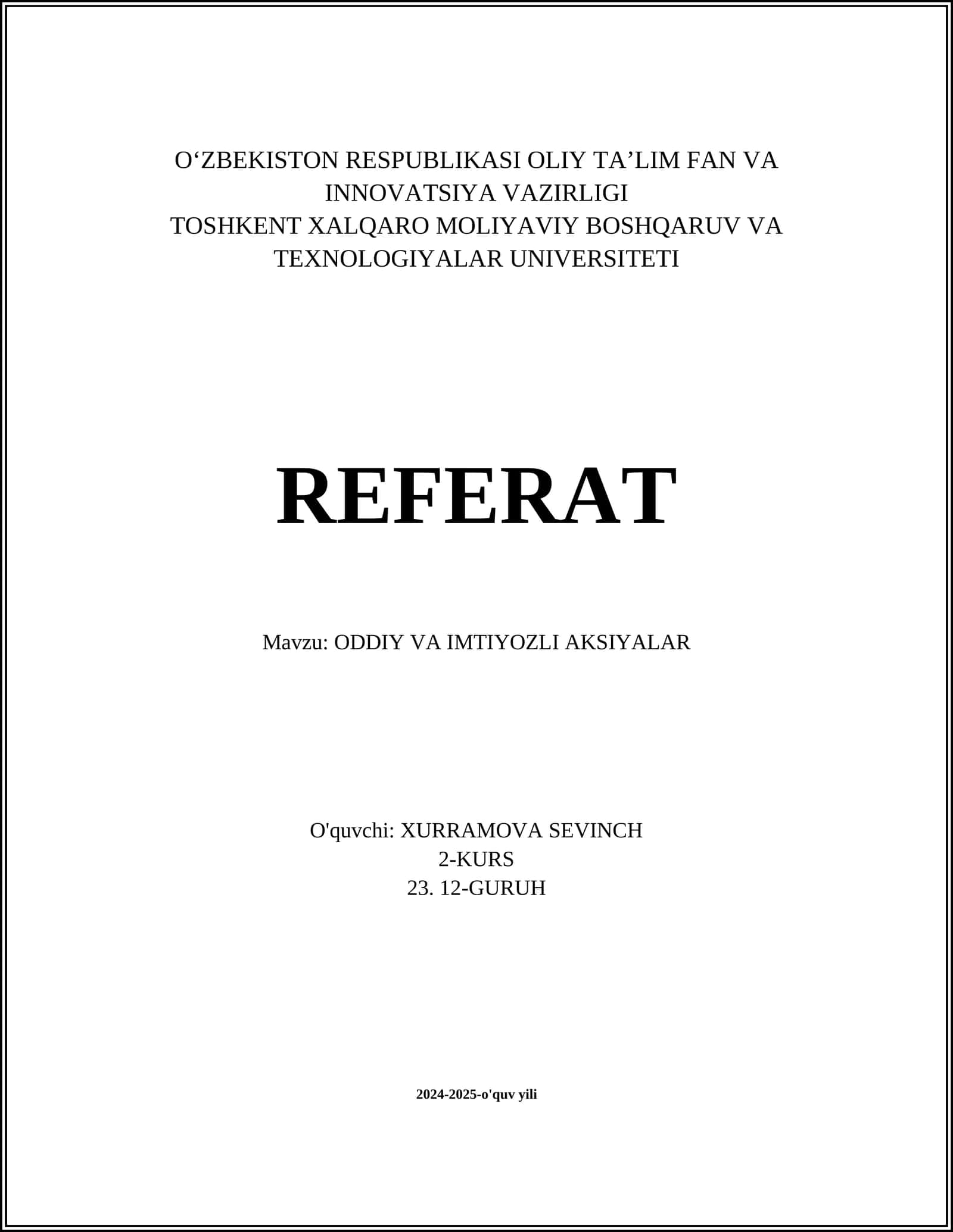Oddiy va Imtiyozli Aksiyalar 1