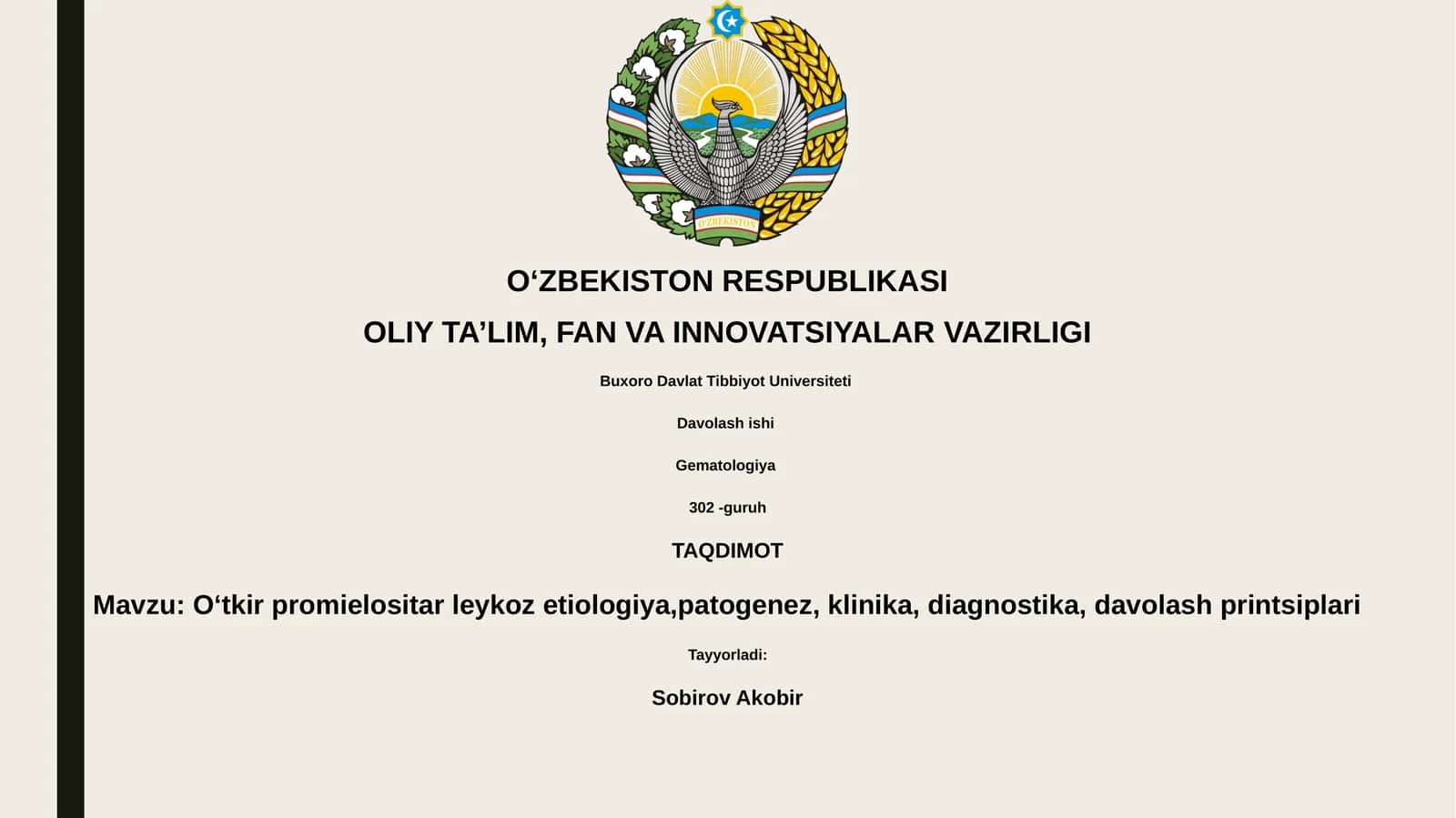 Oʻtkir promielositar leykoz etiologiya,patogenez, klinika, diagnostika, davolash printsiplari 1